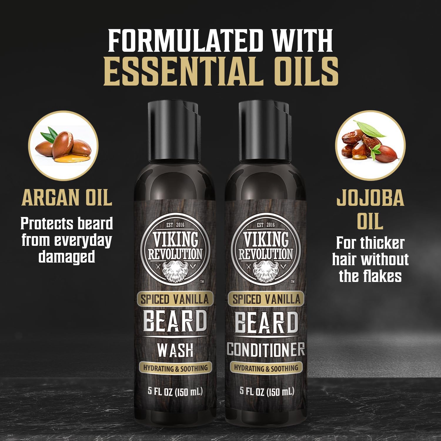 Viking Revolution - Beard Shampoo And Conditioner - Natural Beard Wash & Beard Conditioner With Argan & Jojoba Oils - Softens & Strengthens - Gifts For Men - Spiced Vanilla - 2 x 150 ml