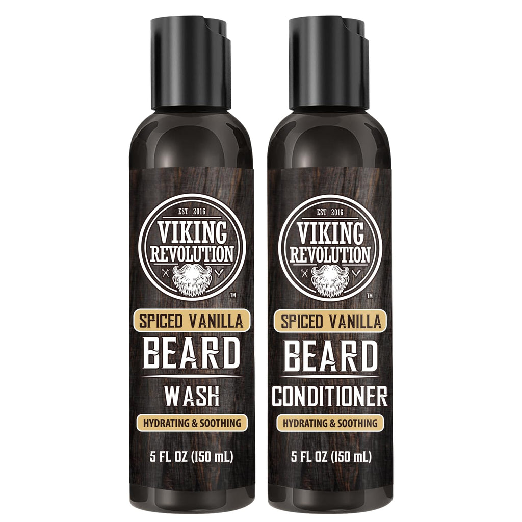 Viking Revolution - Beard Shampoo And Conditioner - Natural Beard Wash & Beard Conditioner With Argan & Jojoba Oils - Softens & Strengthens - Gifts For Men - Spiced Vanilla - 2 x 150 ml