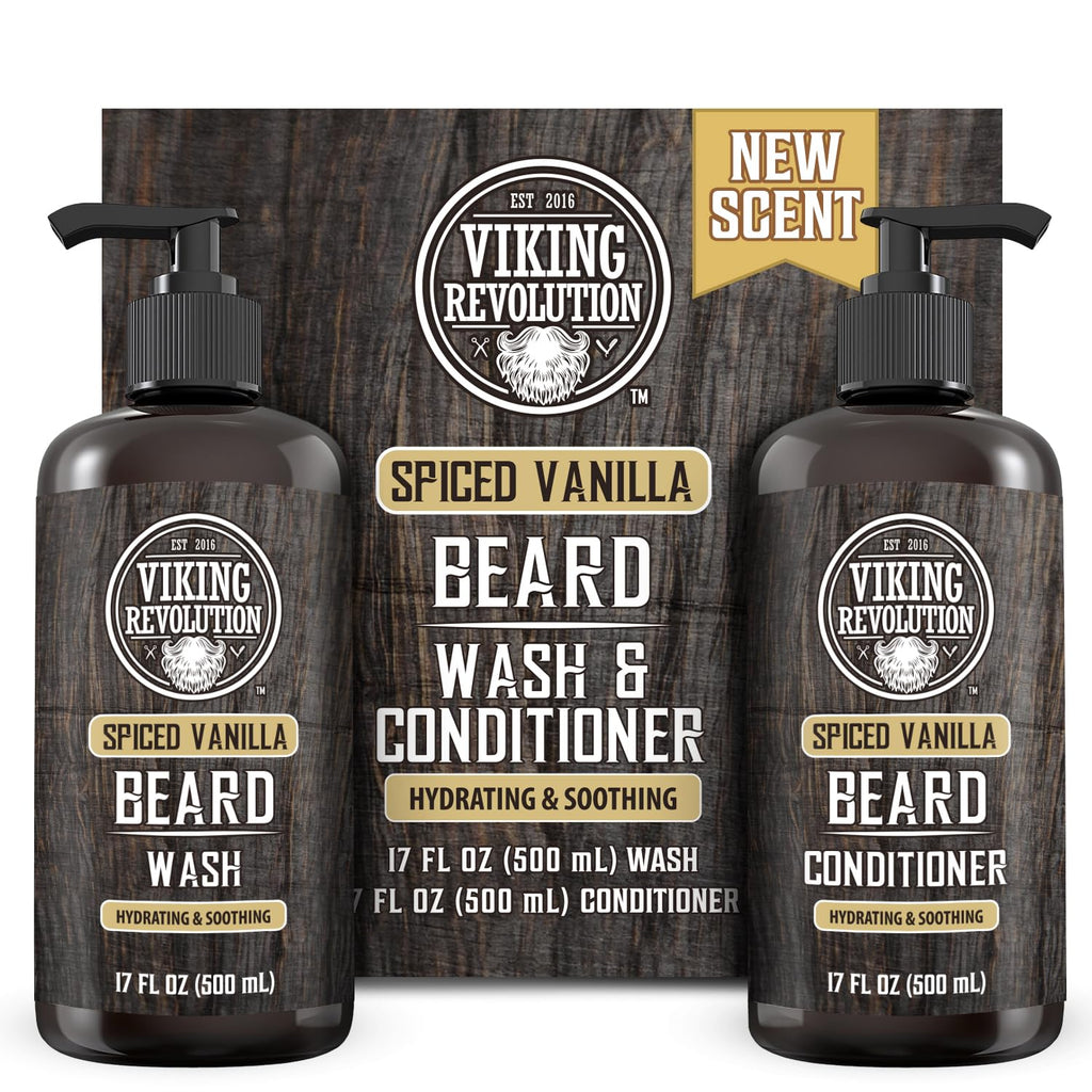 Viking Revolution - Beard Shampoo And Conditioner - Natural Beard Wash & Beard Conditioner With Argan & Jojoba Oils - Softens & Strengthens - Gifts For Men - Spiced Vanilla - 2 x 150 ml