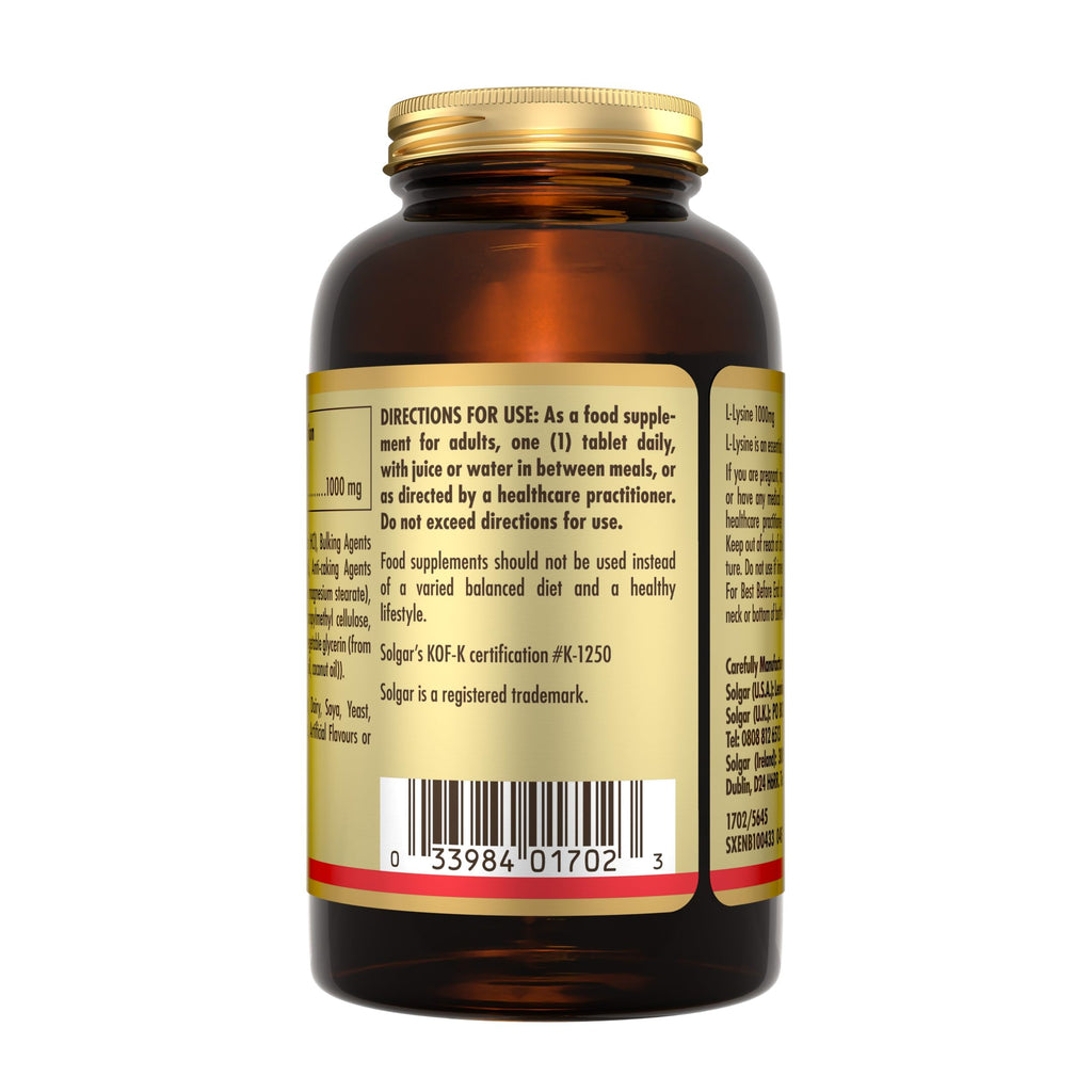 Solgar L-Lysine 1000 mg - Food Supplement, Pack of 250 Tablets - Premium Amino Acid Range - Vegan, Gluten Free - BBE 09/2028