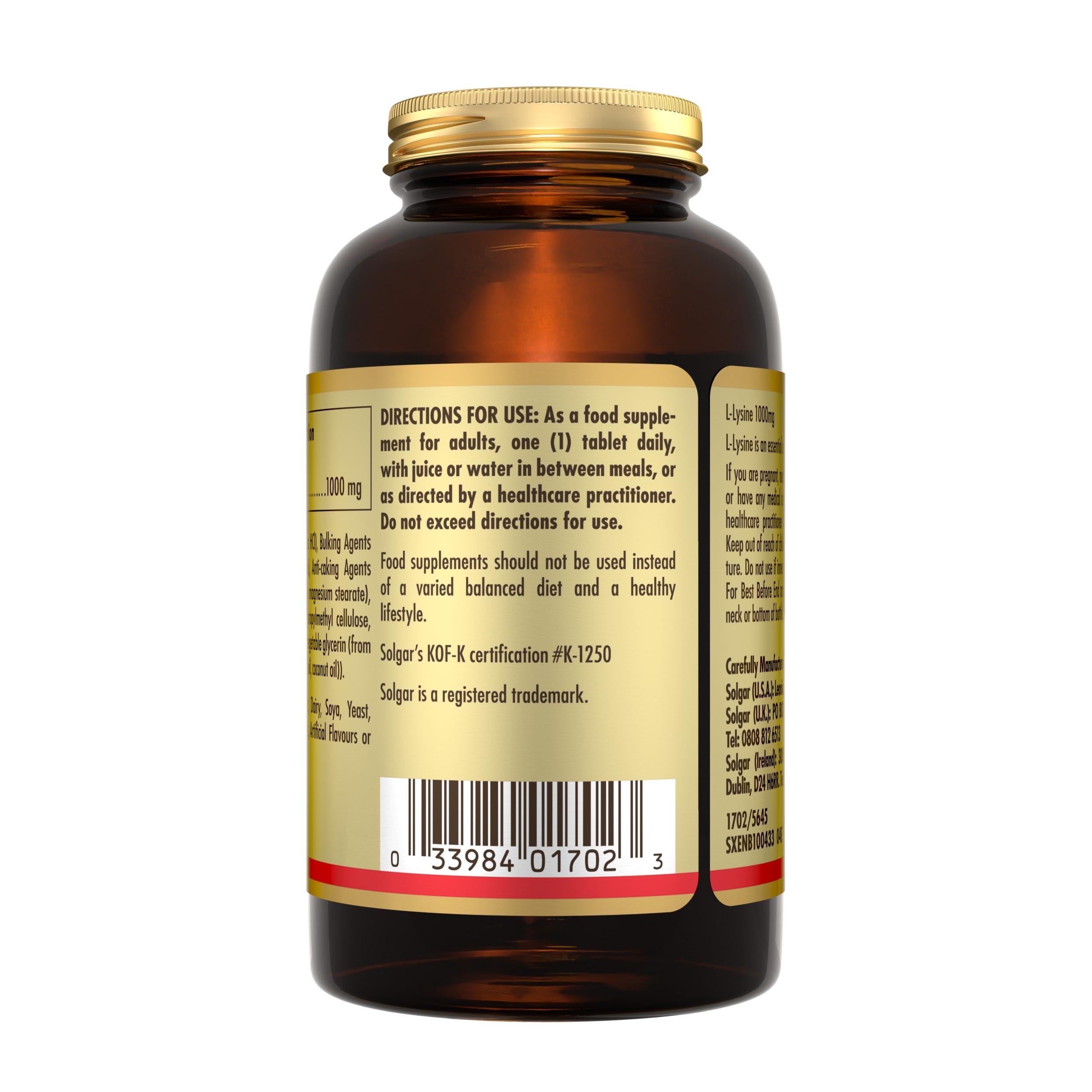 Solgar L-Lysine 1000 mg - Food Supplement, Pack of 250 Tablets - Premium Amino Acid Range - Vegan, Gluten Free - BBE 09/2028
