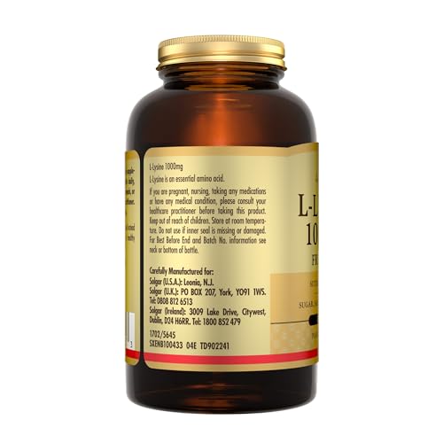 Solgar L-Lysine 1000 mg - Food Supplement, Pack of 250 Tablets - Premium Amino Acid Range - Vegan, Gluten Free - BBE 09/2028