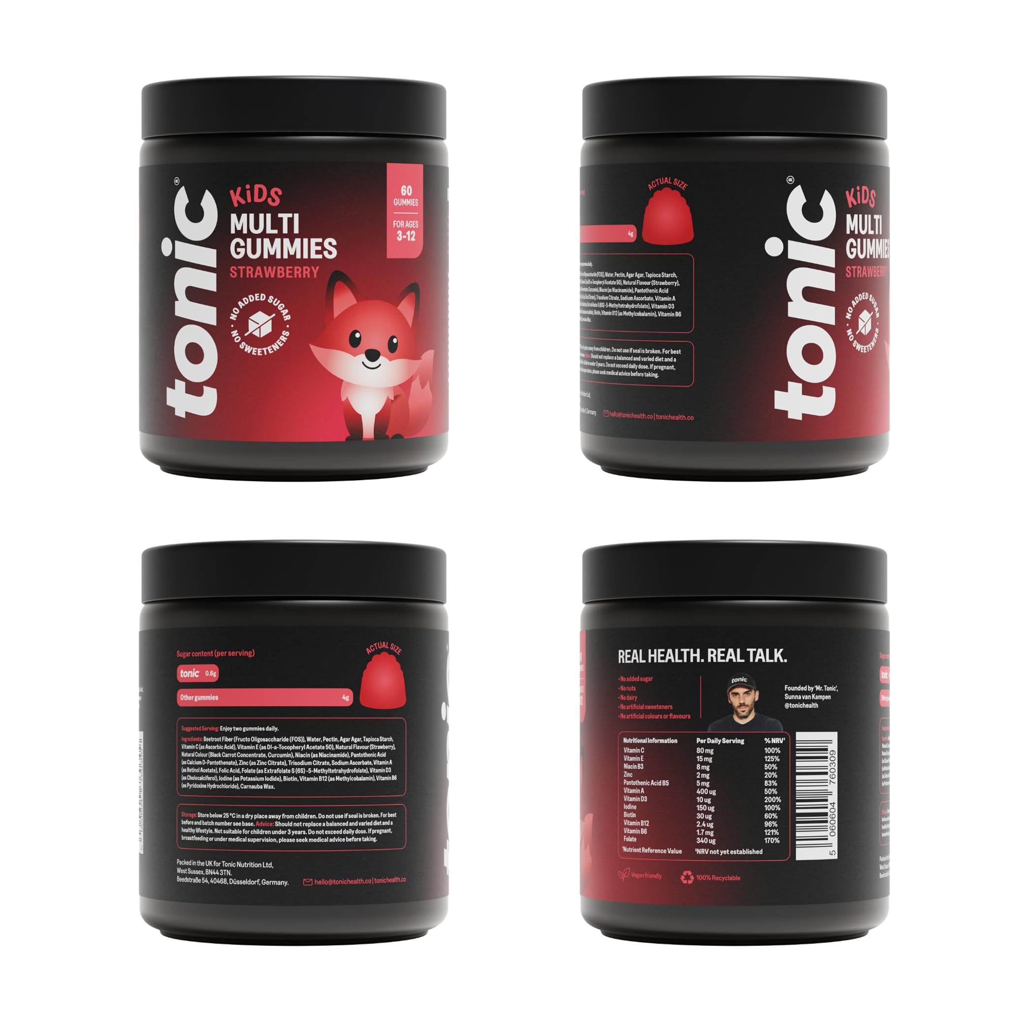 Tonic Health Kids Vitamins Gummies - 14 in 1 Kids Multivitamin with Vitamins A, C, D, E and Zinc, Strawberry Flavour, Month Supply (60 Count), Ages 3-12, No Added Sugar, No Sweeteners, Vegan - Damaged Box - BBE 09/2027