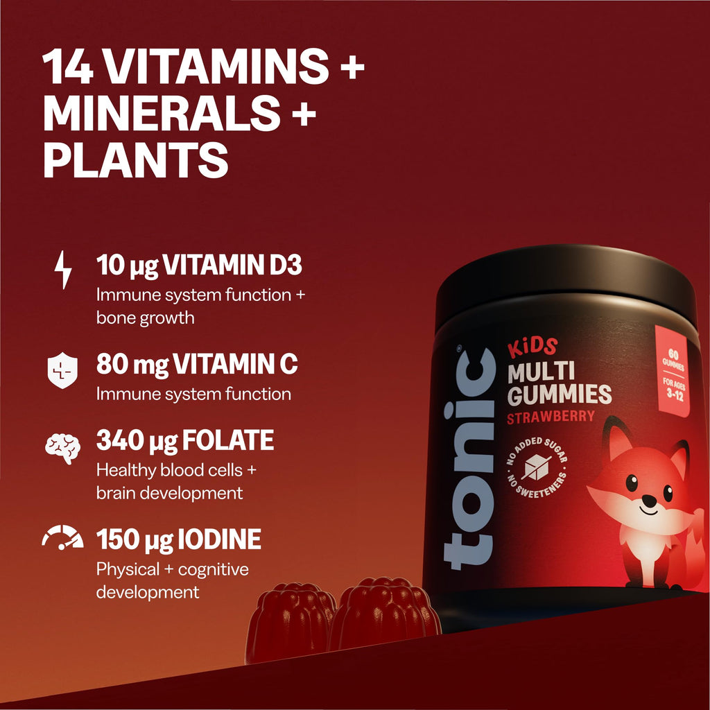 Tonic Health Kids Vitamins Gummies - 14 in 1 Kids Multivitamin with Vitamins A, C, D, E and Zinc, Strawberry Flavour, Month Supply (60 Count), Ages 3-12, No Added Sugar, No Sweeteners, Vegan - Damaged Box - BBE 09/2027