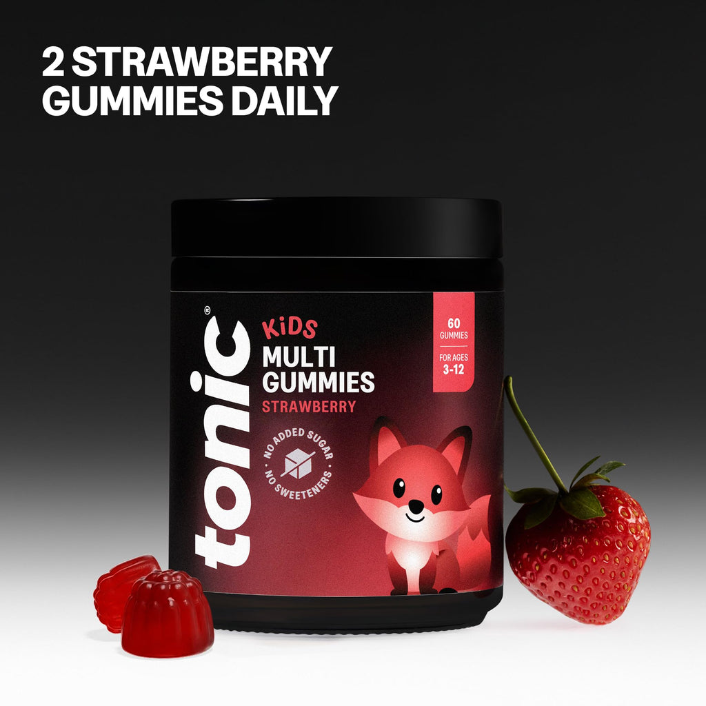 Tonic Health Kids Vitamins Gummies - 14 in 1 Kids Multivitamin with Vitamins A, C, D, E and Zinc, Strawberry Flavour, Month Supply (60 Count), Ages 3-12, No Added Sugar, No Sweeteners, Vegan - Damaged Box - BBE 09/2027