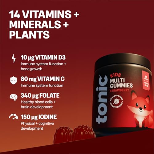 Tonic Health Kids Vitamins Gummies - 14 in 1 Kids Multivitamin with Vitamins A, C, D, E and Zinc, Strawberry Flavour, Month Supply (60 Count), Ages 3-12, No Added Sugar, No Sweeteners, Vegan - Damaged Box - BBE 09/2027