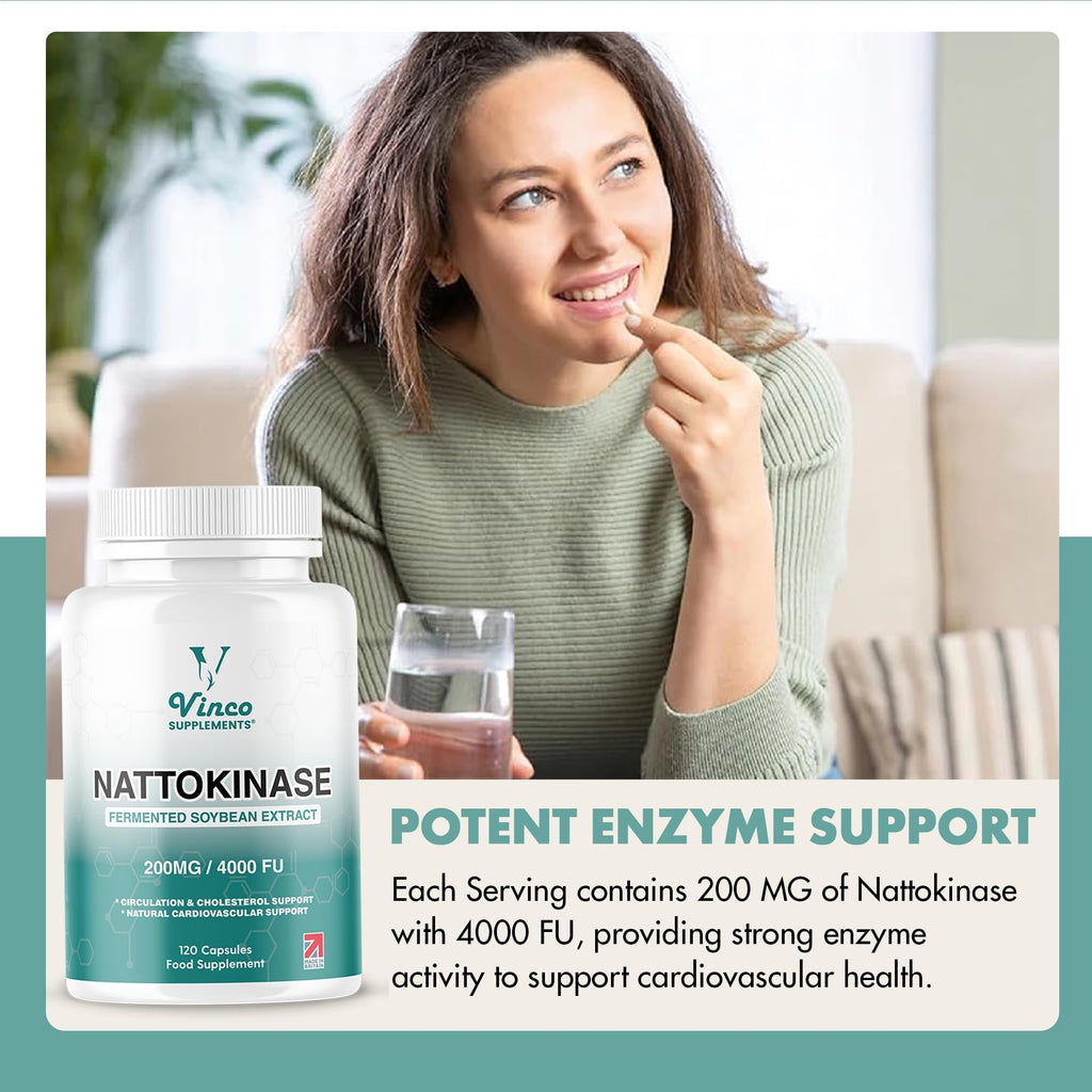 Vinco Nattokinase 200mg 4000FU - 120 Capsules - High Strength Japanese Natto Enzyme - Supports Heart Health, Blood Flow, Circulation and Blood Pressure - Non-GMO, Gluten Free - Made in UK - BBE 12/2027