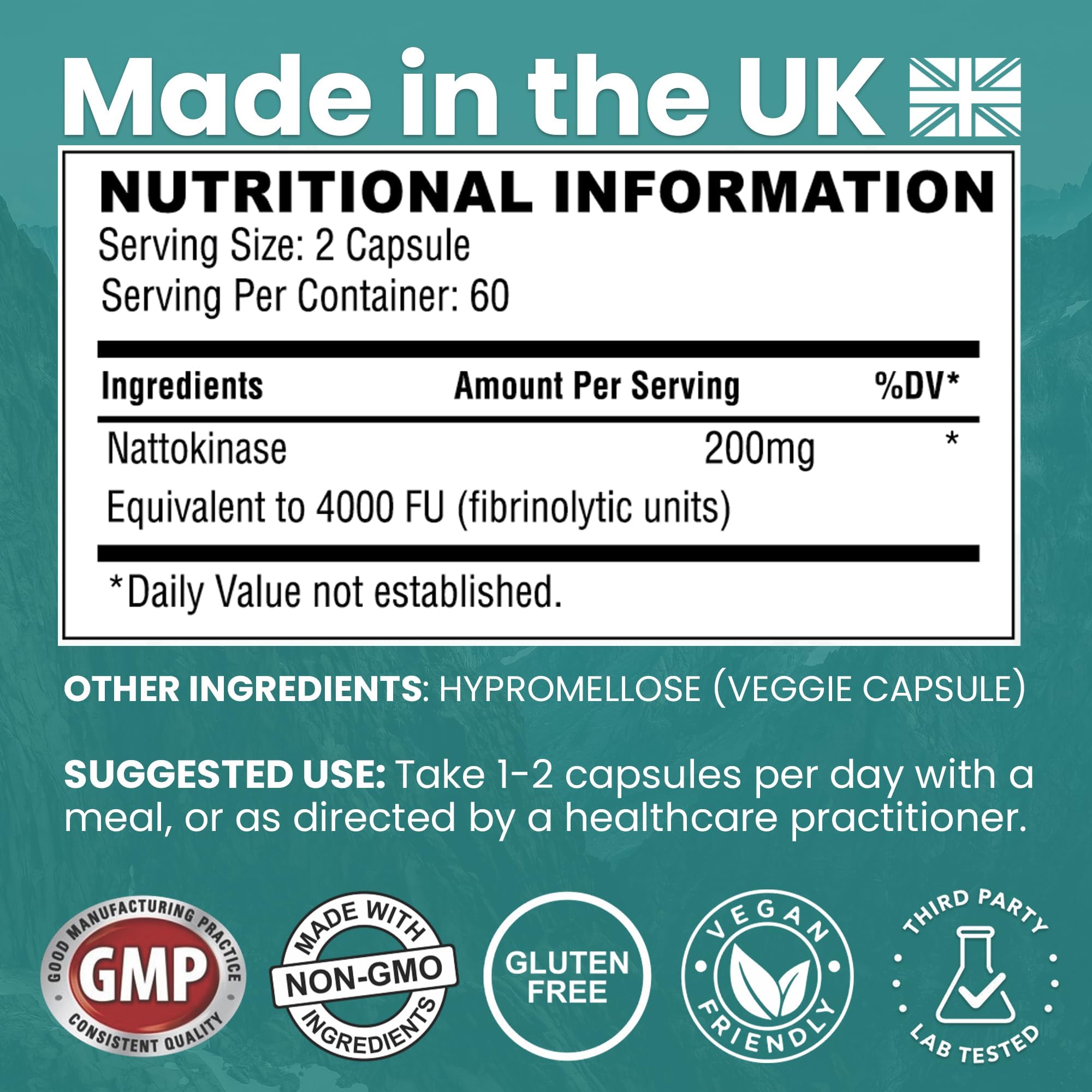 Vinco Nattokinase 200mg 4000FU - 120 Capsules - High Strength Japanese Natto Enzyme - Supports Heart Health, Blood Flow, Circulation and Blood Pressure - Non-GMO, Gluten Free - Made in UK - BBE 12/2027