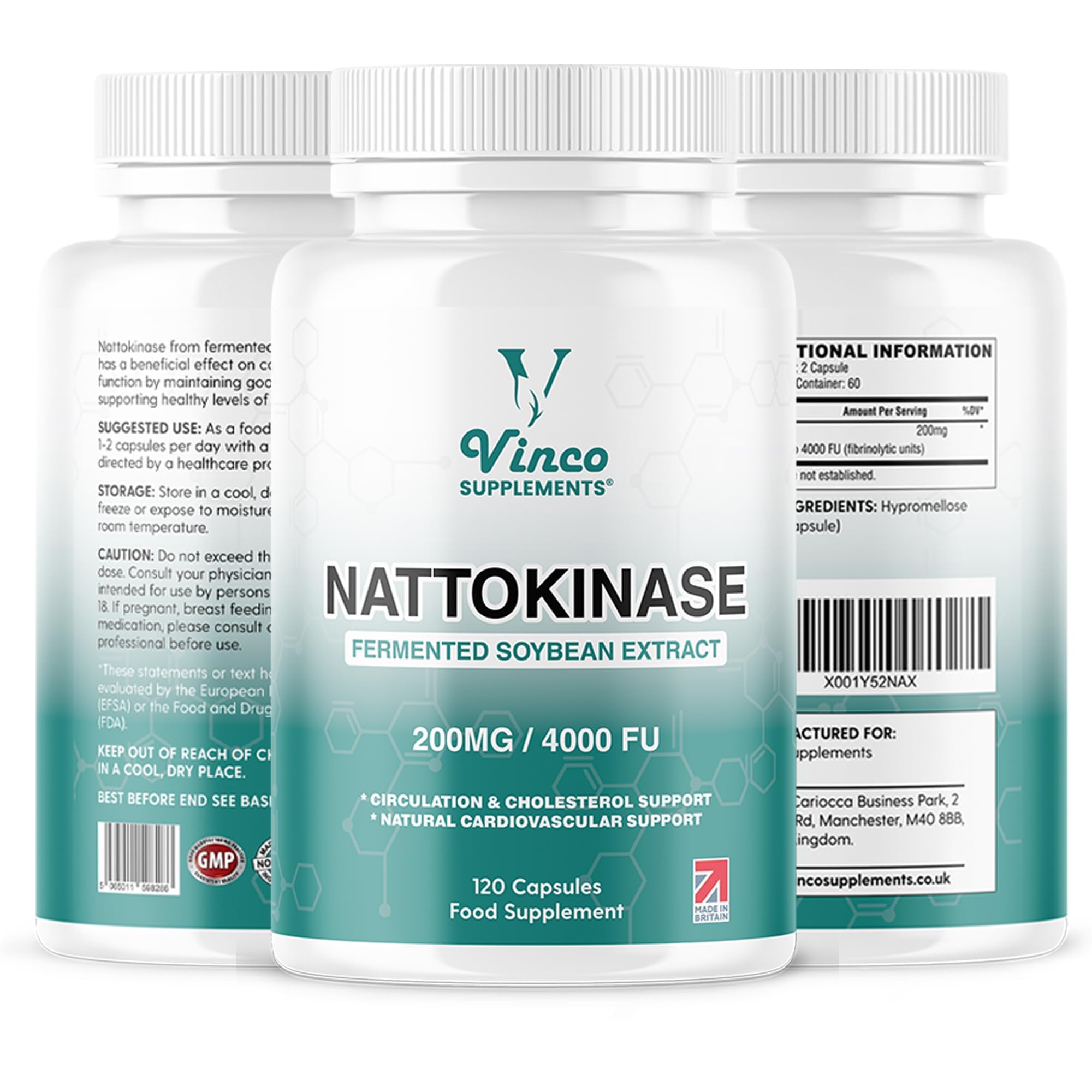 Vinco Nattokinase 200mg 4000FU - 120 Capsules - High Strength Japanese Natto Enzyme - Supports Heart Health, Blood Flow, Circulation and Blood Pressure - Non-GMO, Gluten Free - Made in UK - BBE 12/2027