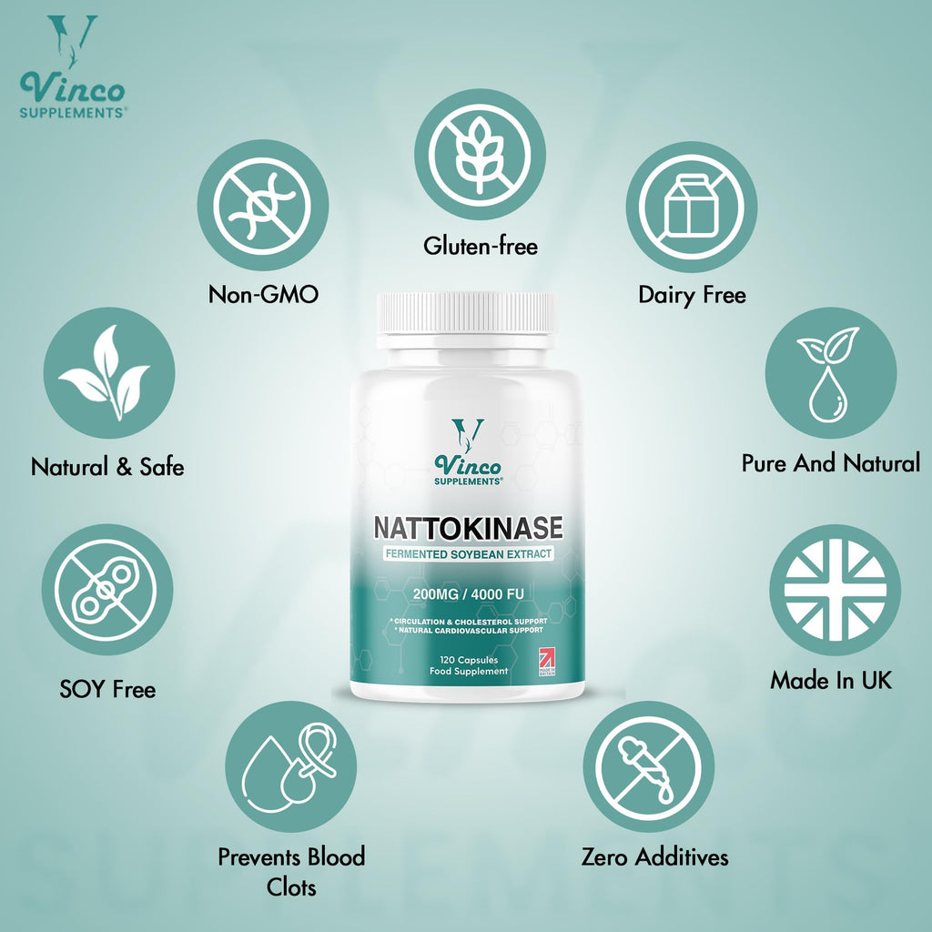 Vinco Nattokinase 200mg 4000FU - 120 Capsules - High Strength Japanese Natto Enzyme - Supports Heart Health, Blood Flow, Circulation and Blood Pressure - Non-GMO, Gluten Free - Made in UK - BBE 12/2027
