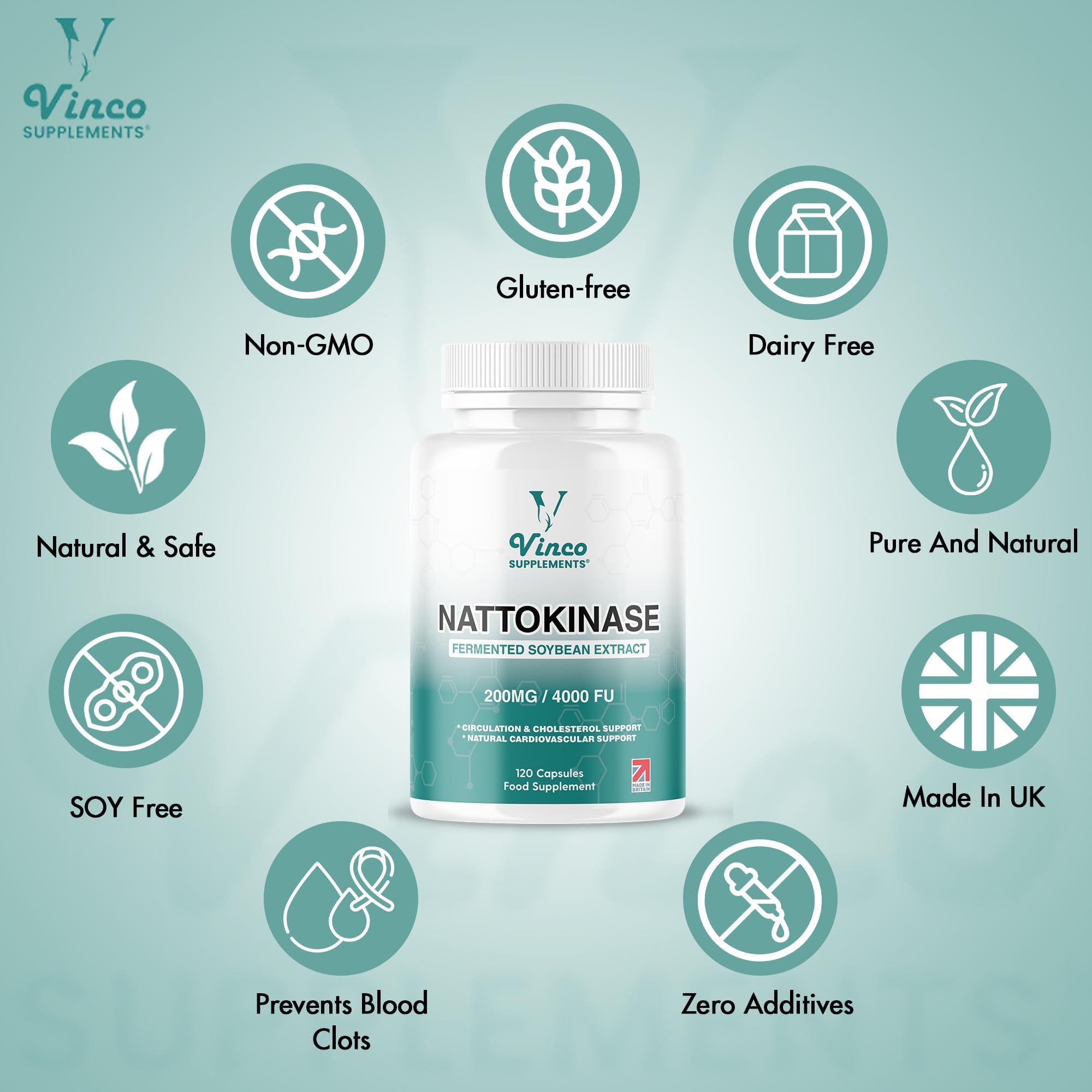 Vinco Nattokinase 200mg 4000FU - 120 Capsules - High Strength Japanese Natto Enzyme - Supports Heart Health, Blood Flow, Circulation and Blood Pressure - Non-GMO, Gluten Free - Made in UK - BBE 12/2027