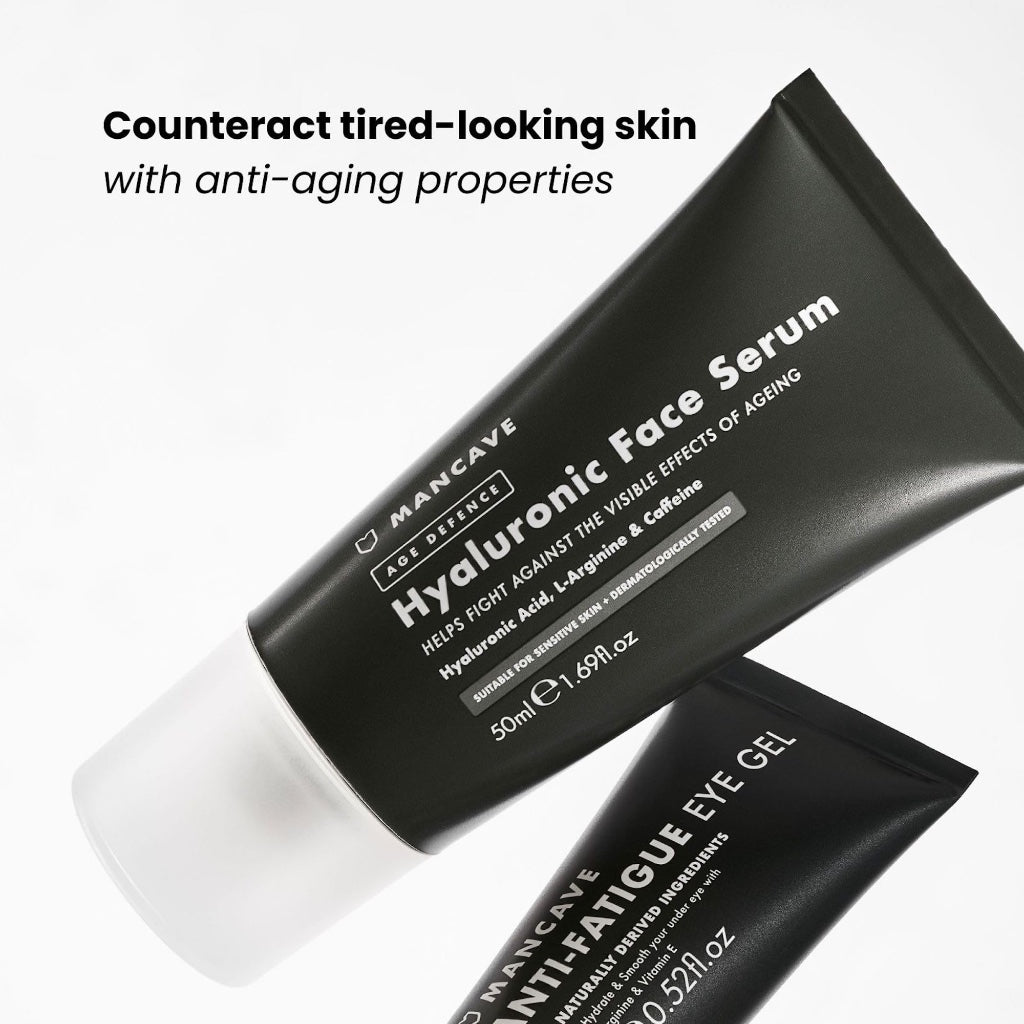 ManCave Hyaluronic Acid and Caffeine Anti-Aging Face Serum 50ml, Formulated to reduce the Appearance of Fatigue and Enhance Damaged Skin with Caffeine and Glycogen, Vegan Friendly, Made in the UK