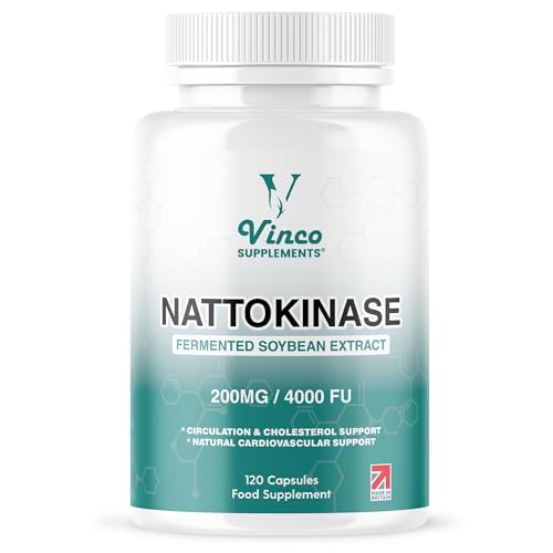 Vinco Nattokinase 200mg 4000FU - 120 Capsules - High Strength Japanese Natto Enzyme - Supports Heart Health, Blood Flow, Circulation and Blood Pressure - Non-GMO, Gluten Free - Made in UK - BBE 12/2027