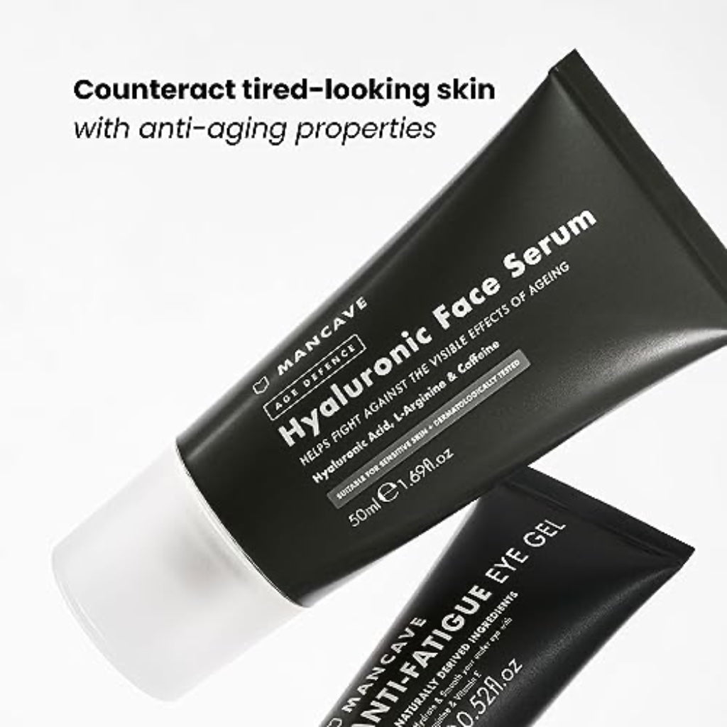ManCave Hyaluronic Acid and Caffeine Anti-Aging Face Serum 50ml, Formulated to reduce the Appearance of Fatigue and Enhance Damaged Skin with Caffeine and Glycogen, Vegan Friendly, Made in the UK