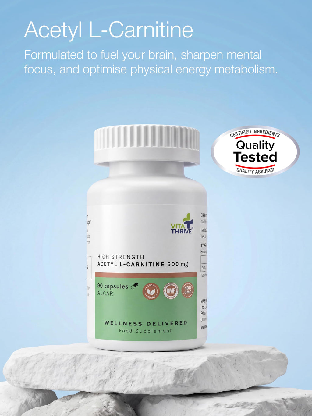 VitaThrive(R) Acetyl L Carnitine 500mg Capsules - High Strength ALCAR Supplement for Energy, Mental Focus, Brain Support & Cognitive Performance - Vegan Acetyl Carnitine Capsules - 90 Capsules - BBE 04/2028