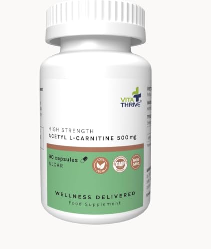 VitaThrive(R) Acetyl L Carnitine 500mg Capsules - High Strength ALCAR Supplement for Energy, Mental Focus, Brain Support & Cognitive Performance - Vegan Acetyl Carnitine Capsules - 90 Capsules - BBE 04/2028