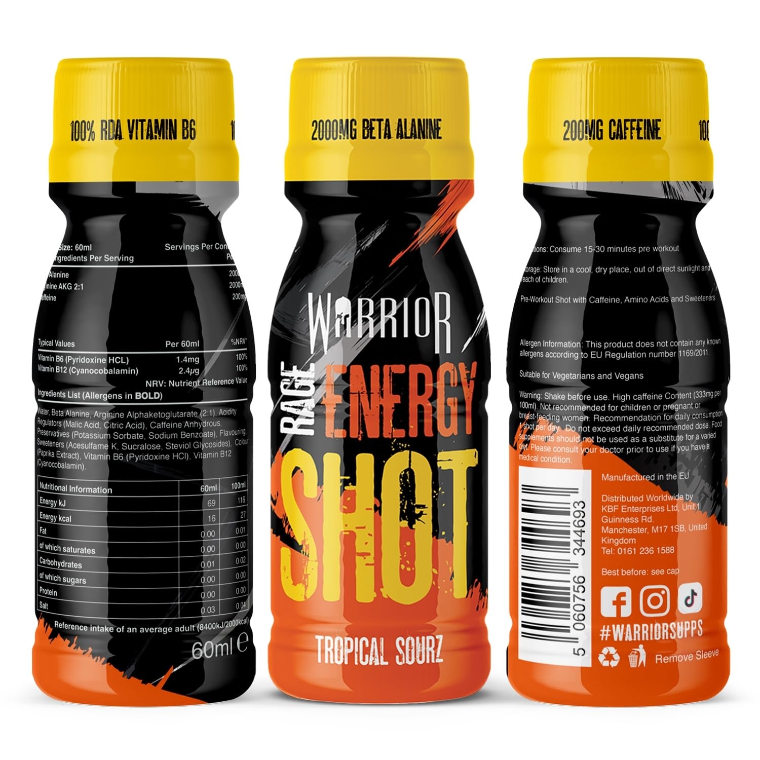 Warrior Rage Energy Shots - Pre Workout Shot Drink 12 x 60ml - RTD Fuel Juice Supplement (Liquid not Gels) - 200mg Caffeine to Lift Sessions and Running - Contains Vitamin B6 & B12 (Tropical Sourz) - Damaged Box - BBE 08/2026