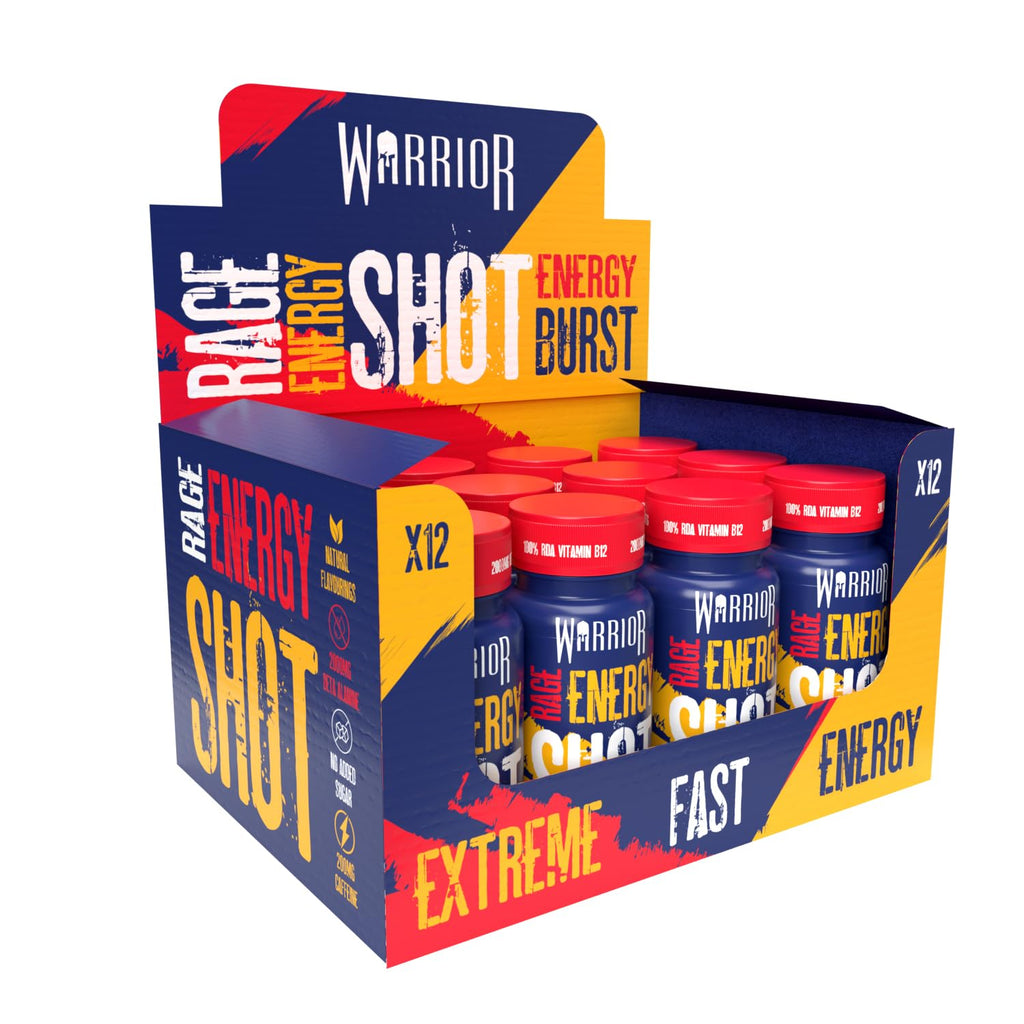 Warrior Rage Energy Shots - Pre Workout Shot Drink 12 x 60ml - RTD Fuel Juice Supplement (Liquid not Gels) - 200mg Caffeine to Lift Sessions and Running - Contains Vitamin B6 & B12 (Tropical Sourz) - Damaged Box - BBE 08/2026