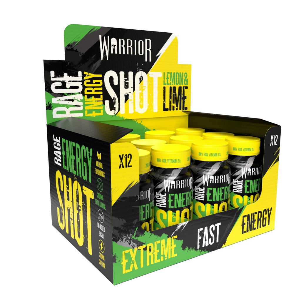 Warrior Rage Energy Shots - Pre Workout Shot Drink 12 x 60ml - RTD Fuel Juice Supplement (Liquid not Gels) - 200mg Caffeine to Lift Sessions and Running - Contains Vitamin B6 & B12 (Tropical Sourz) - Damaged Box - BBE 08/2026