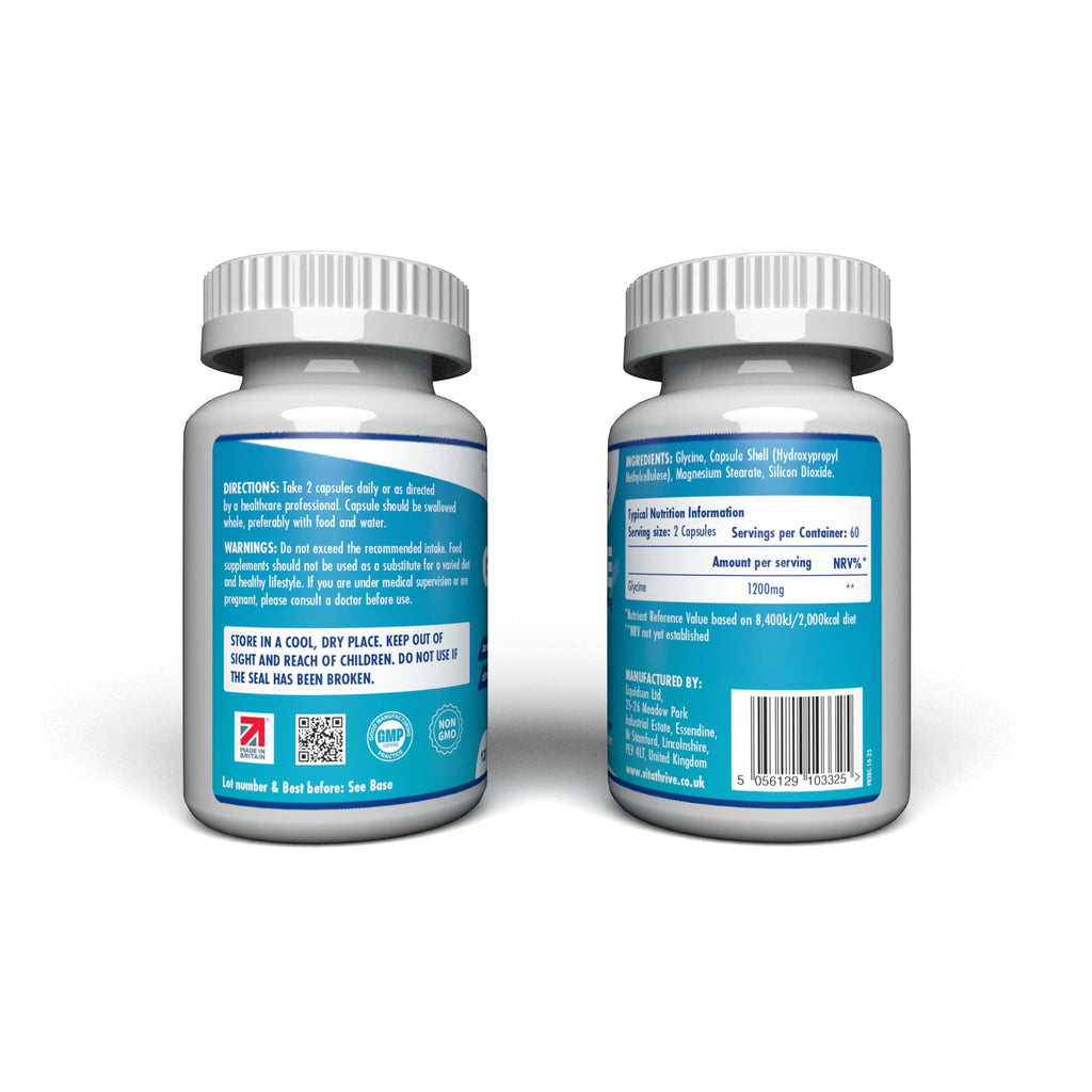 VitaThrive(R) Glycine 1200mg Capsules - High Strength Glycine Amino Acid Supplement for Recovery, Relaxation, Collagen Support & Daily Wellness - Vegan Glycine Capsules - 120 Capsules - BBE 01/2028