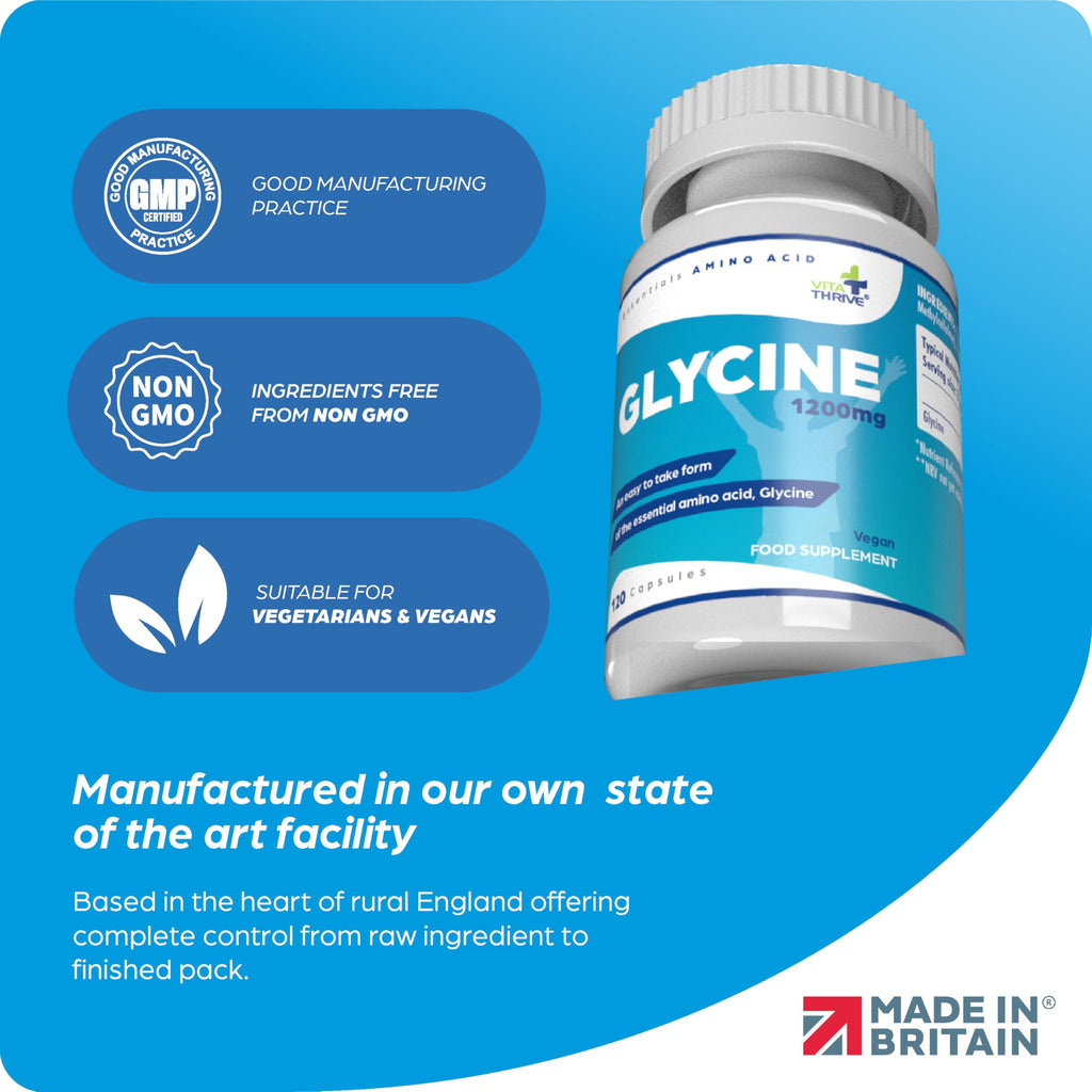 VitaThrive(R) Glycine 1200mg Capsules - High Strength Glycine Amino Acid Supplement for Recovery, Relaxation, Collagen Support & Daily Wellness - Vegan Glycine Capsules - 120 Capsules - BBE 01/2028