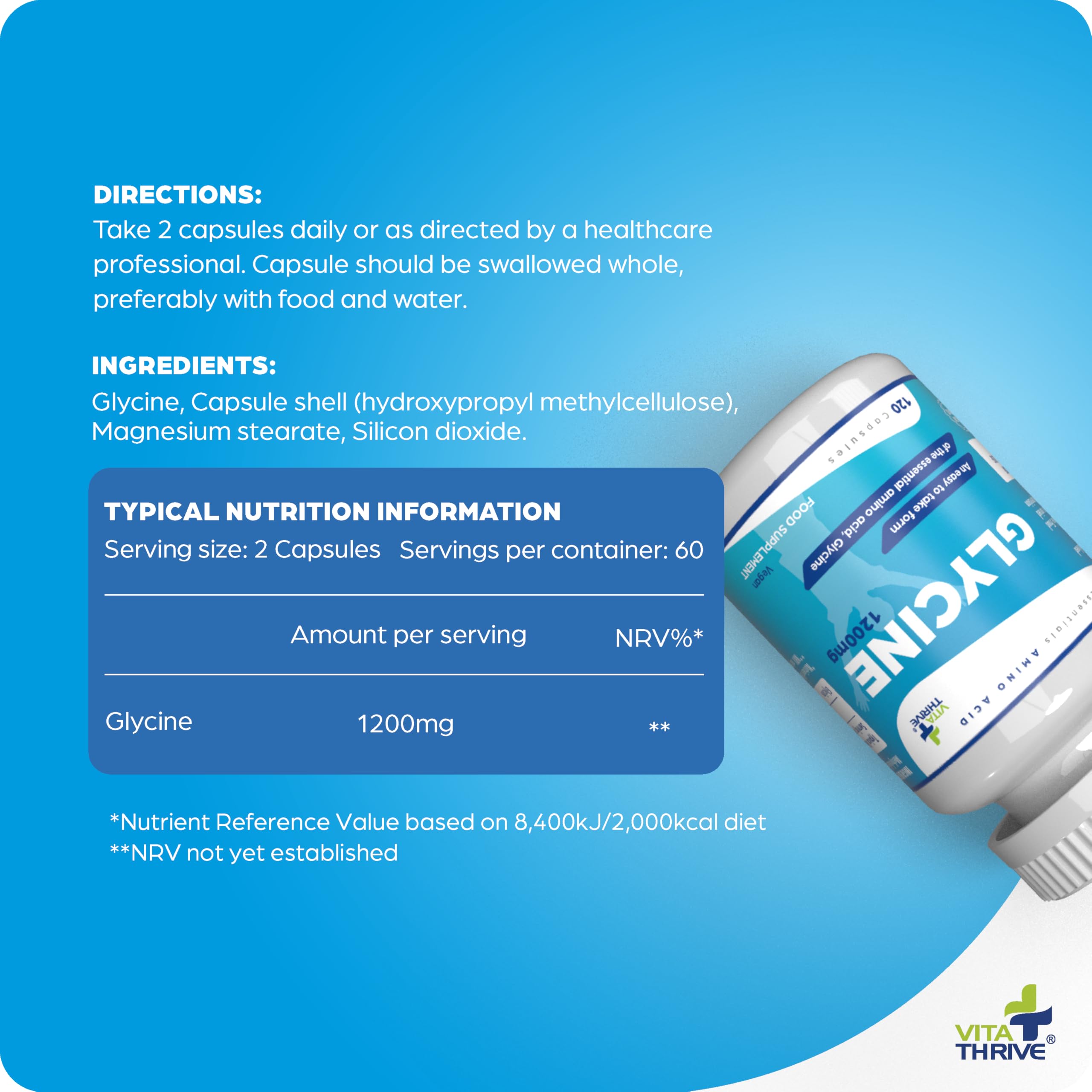 VitaThrive(R) Glycine 1200mg Capsules - High Strength Glycine Amino Acid Supplement for Recovery, Relaxation, Collagen Support & Daily Wellness - Vegan Glycine Capsules - 120 Capsules - BBE 01/2028