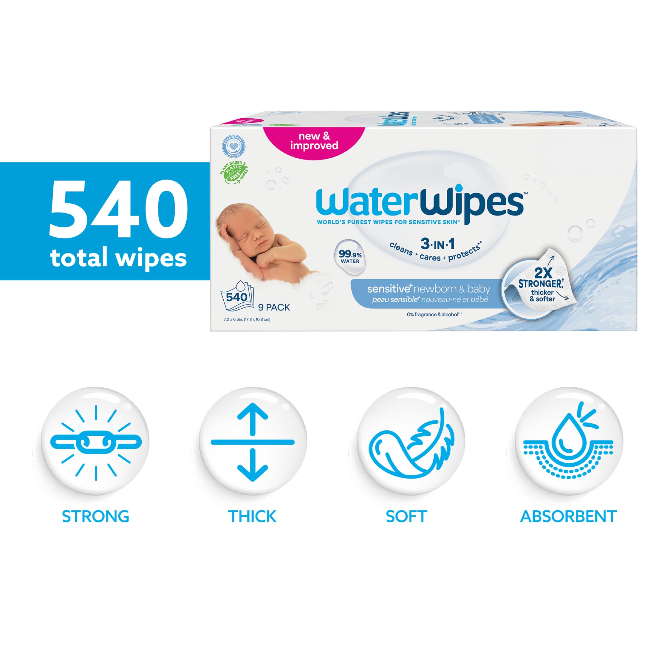 WaterWipes Sensitive+ Newborn & Baby Wipes, 540 Count (9 Packs), 3-In-1 Cleans, Cares, Protects, 99.9% Water, Unscented