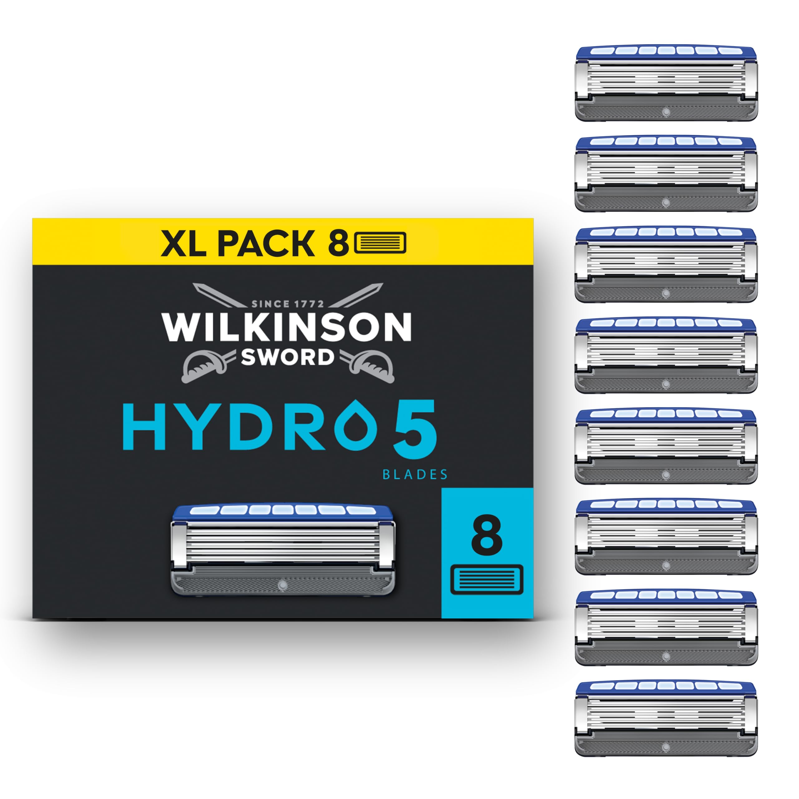 Wilkinson Sword Hydro 5 Razors Blade for Men, Men's Shaver Refill Pack, Skin Hydration, Carbon Coated Blades, 8 Razor Refills - Damaged Box