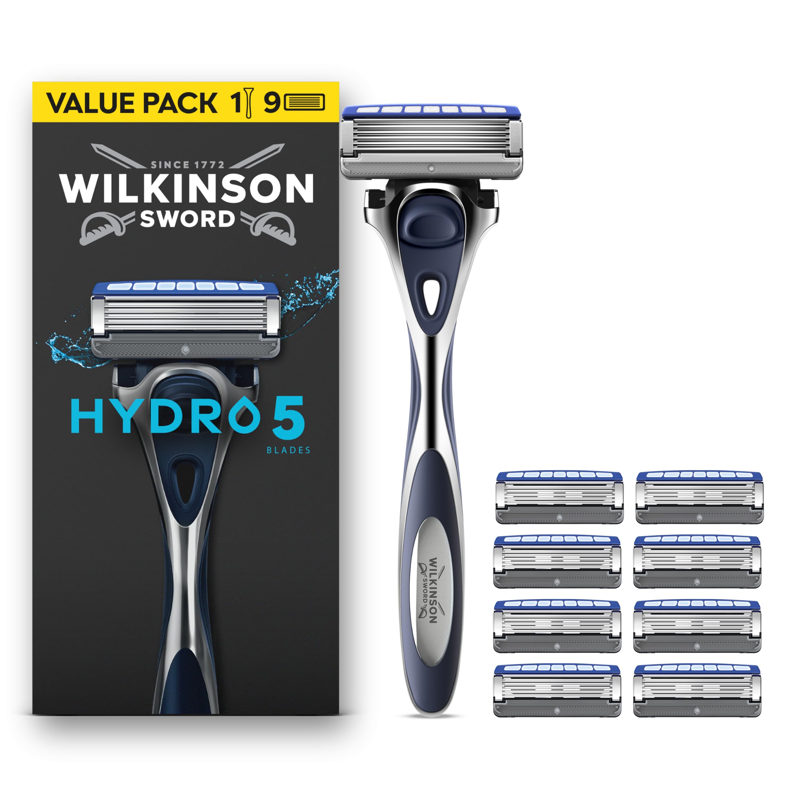 Wilkinson Sword Hydro 5 Razors Blade for Men, Men's Shaver Refill Pack, Skin Hydration, Carbon Coated Blades, 8 Razor Refills - Damaged Box