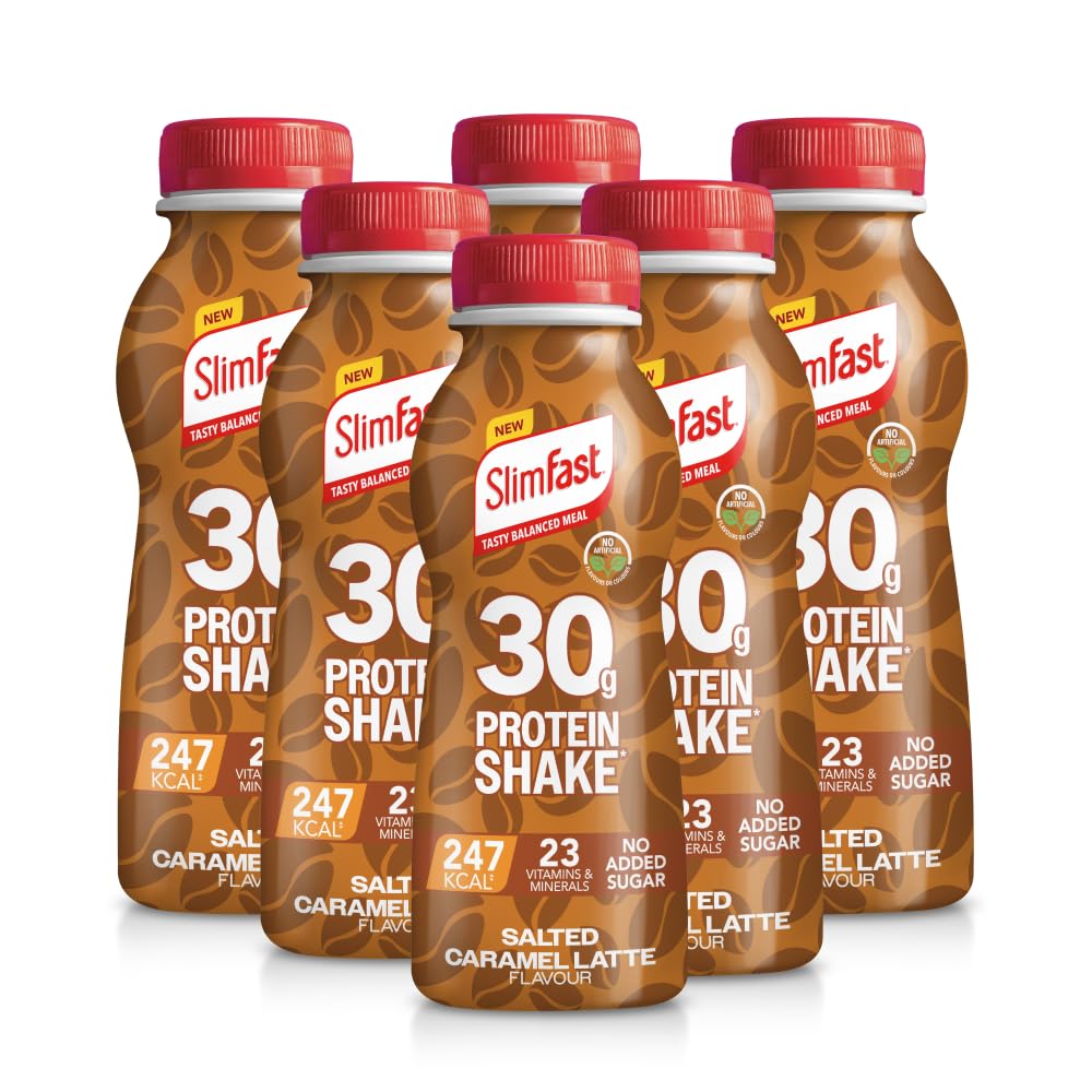 SlimFast o 30g Protein Meal Replacement Shake o Salted Caramel Latte Flavour o 242 Cals o 23 Vitamins + Minerals o No Added Sugar o Gut Friendly o Ready to Drink o 6 x 325 ml (6 meals) - BBE 06/2026