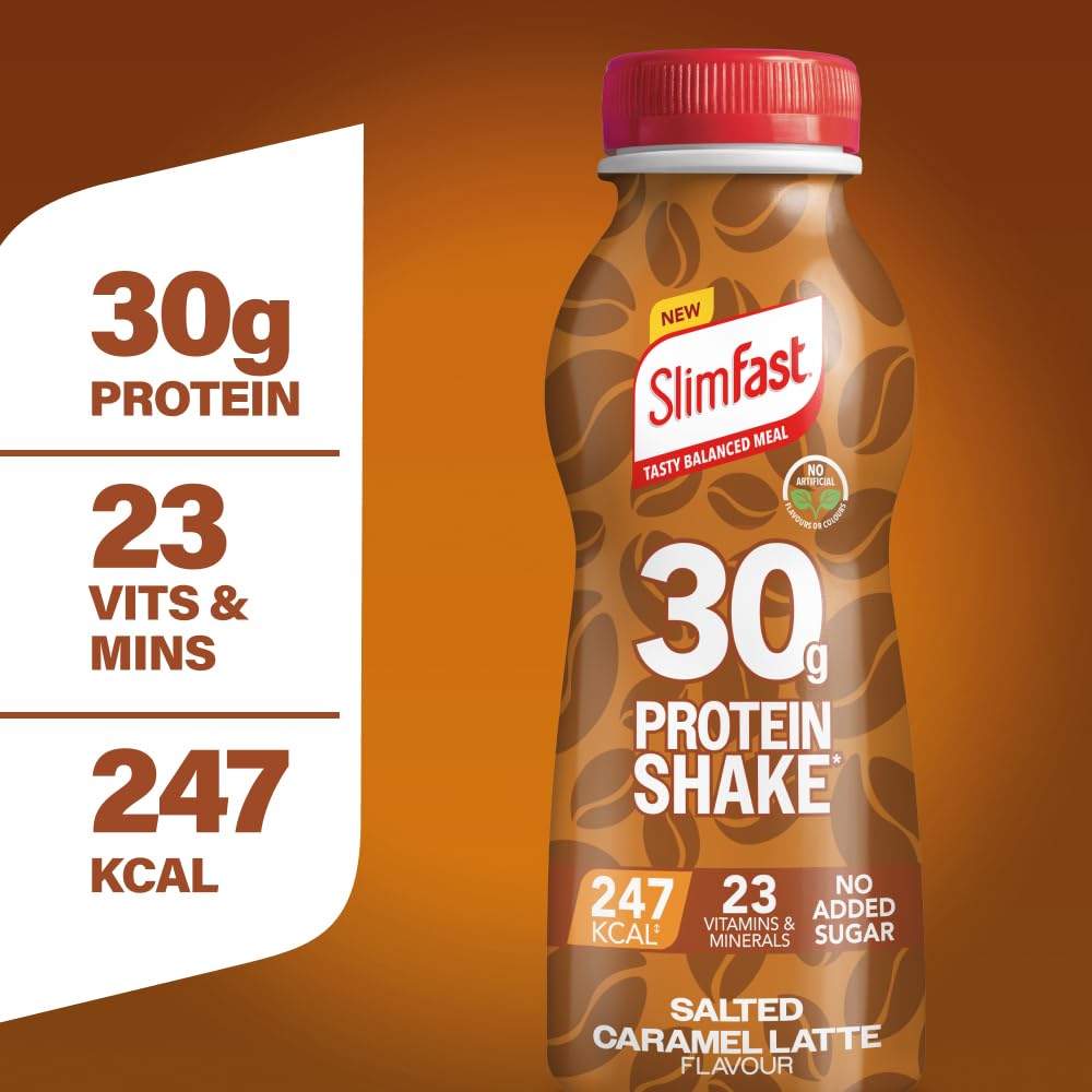 SlimFast o 30g Protein Meal Replacement Shake o Salted Caramel Latte Flavour o 242 Cals o 23 Vitamins + Minerals o No Added Sugar o Gut Friendly o Ready to Drink o 6 x 325 ml (6 meals) - BBE 06/2026