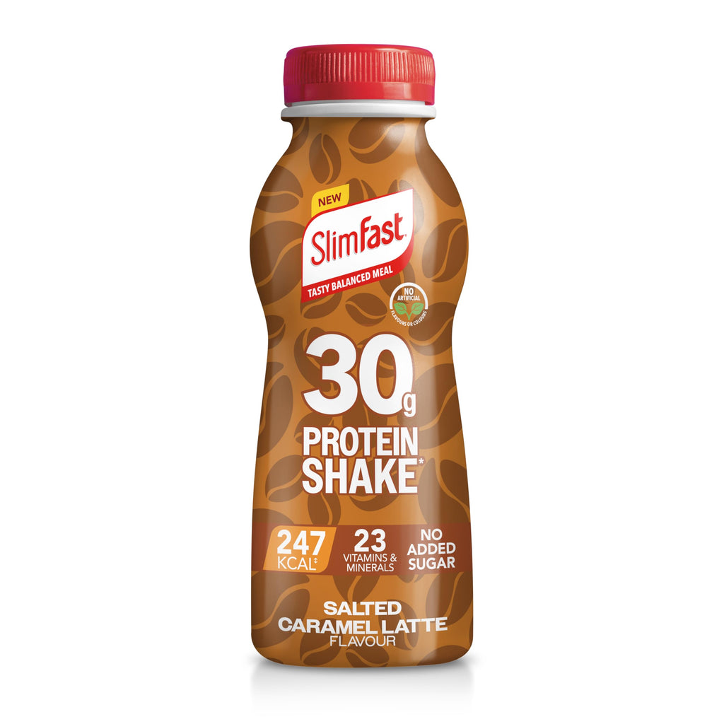 SlimFast o 30g Protein Meal Replacement Shake o Salted Caramel Latte Flavour o 242 Cals o 23 Vitamins + Minerals o No Added Sugar o Gut Friendly o Ready to Drink o 6 x 325 ml (6 meals) - BBE 06/2026