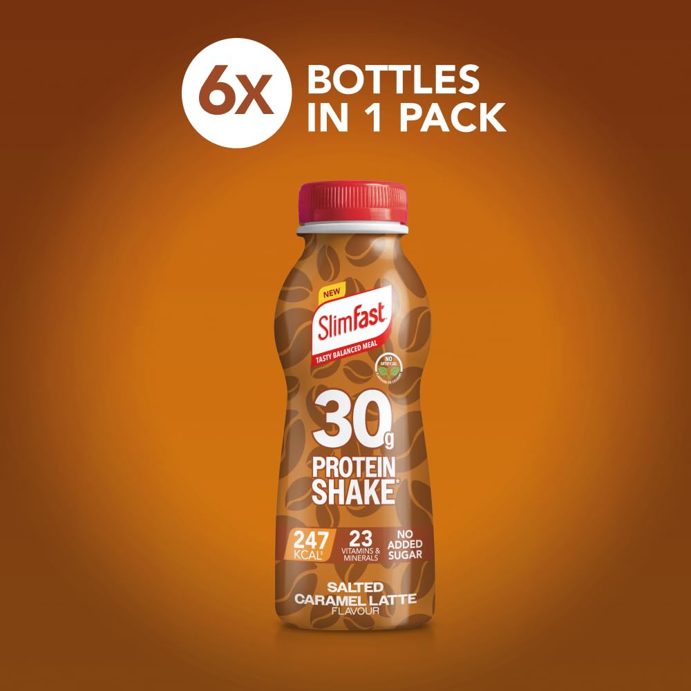 SlimFast o 30g Protein Meal Replacement Shake o Salted Caramel Latte Flavour o 242 Cals o 23 Vitamins + Minerals o No Added Sugar o Gut Friendly o Ready to Drink o 6 x 325 ml (6 meals) - BBE 06/2026