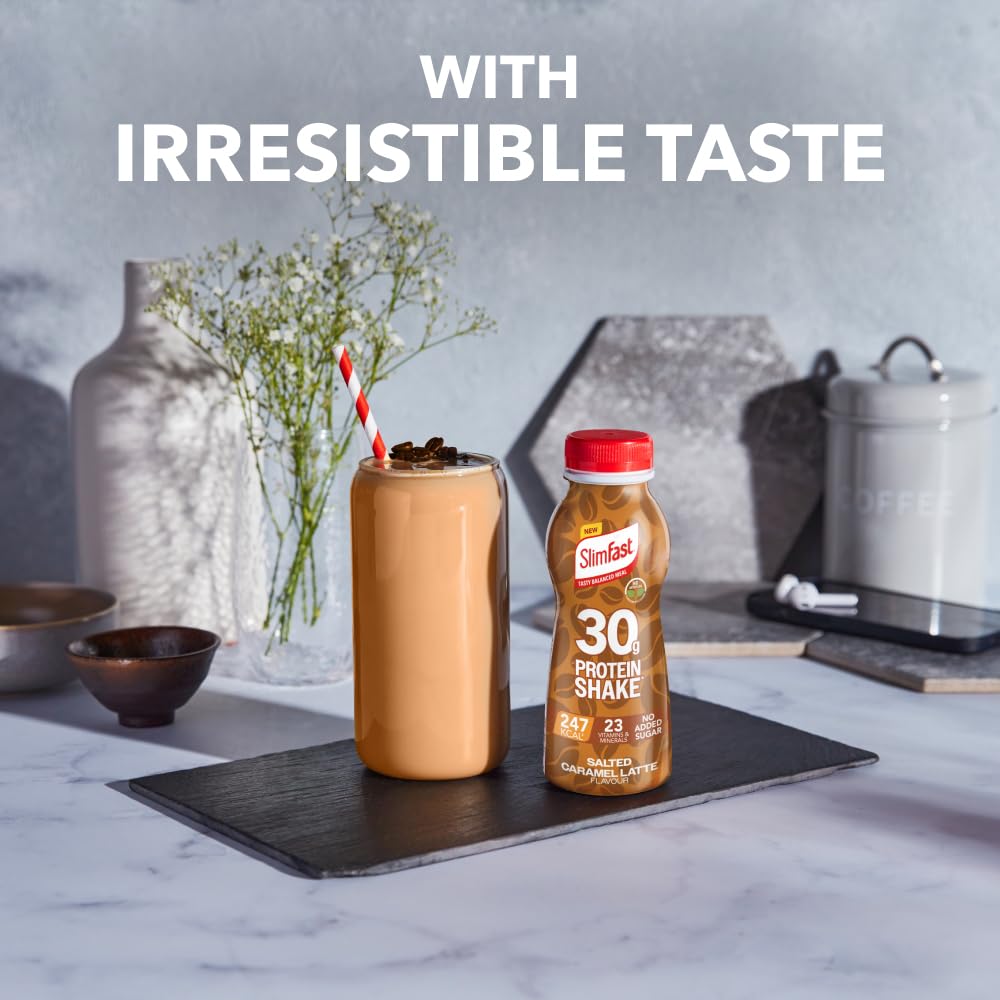 SlimFast o 30g Protein Meal Replacement Shake o Salted Caramel Latte Flavour o 242 Cals o 23 Vitamins + Minerals o No Added Sugar o Gut Friendly o Ready to Drink o 6 x 325 ml (6 meals) - BBE 06/2026