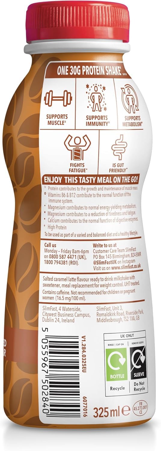 SlimFast o 30g Protein Meal Replacement Shake o Salted Caramel Latte Flavour o 242 Cals o 23 Vitamins + Minerals o No Added Sugar o Gut Friendly o Ready to Drink o 6 x 325 ml (6 meals) - BBE 06/2026