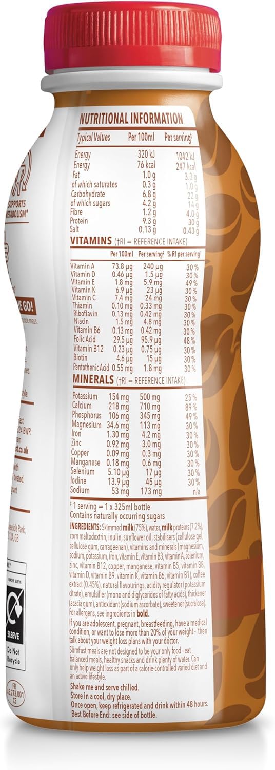 SlimFast o 30g Protein Meal Replacement Shake o Salted Caramel Latte Flavour o 242 Cals o 23 Vitamins + Minerals o No Added Sugar o Gut Friendly o Ready to Drink o 6 x 325 ml (6 meals) - BBE 06/2026