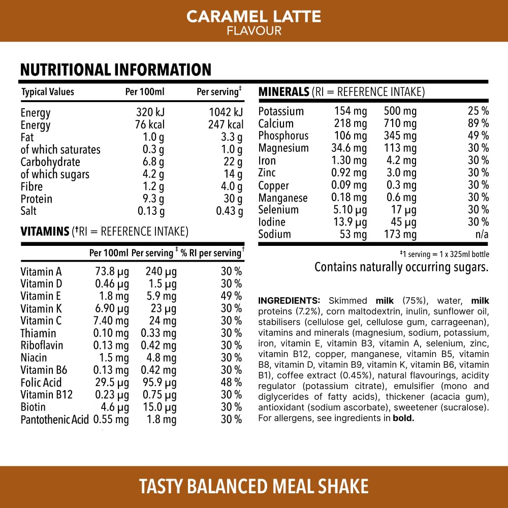 SlimFast o 30g Protein Meal Replacement Shake o Salted Caramel Latte Flavour o 242 Cals o 23 Vitamins + Minerals o No Added Sugar o Gut Friendly o Ready to Drink o 6 x 325 ml (6 meals) - BBE 06/2026
