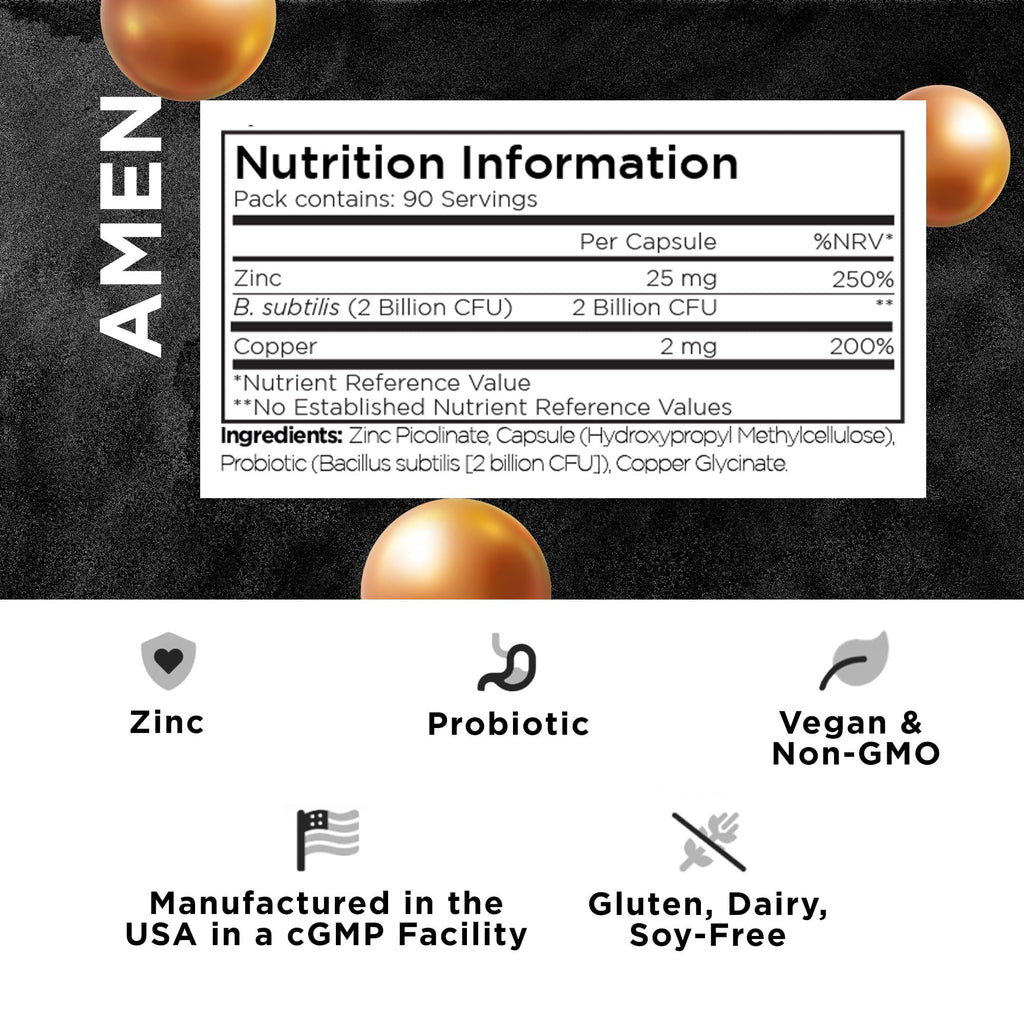 Zinc & Copper Supplement + Probiotics - 3 Months Supply - One Per Day - 25 mg Zinc Picolinate Vitamin Pills - Essential Minerals Supplements - 2 Billion CFUs Probiotic - Vegan, Non-GMO - 90 Capsules - BBE 05/2028