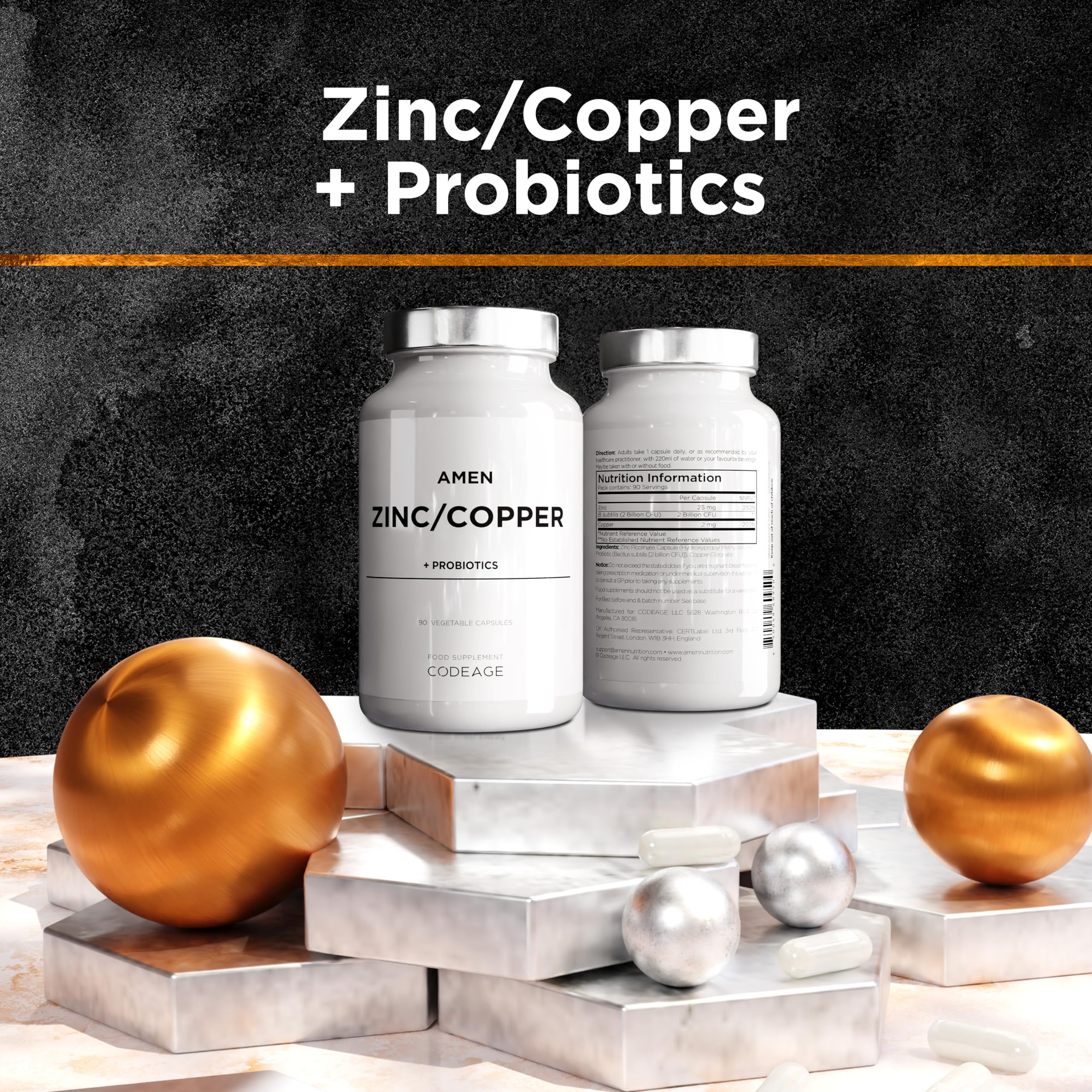 Zinc & Copper Supplement + Probiotics - 3 Months Supply - One Per Day - 25 mg Zinc Picolinate Vitamin Pills - Essential Minerals Supplements - 2 Billion CFUs Probiotic - Vegan, Non-GMO - 90 Capsules - BBE 05/2028
