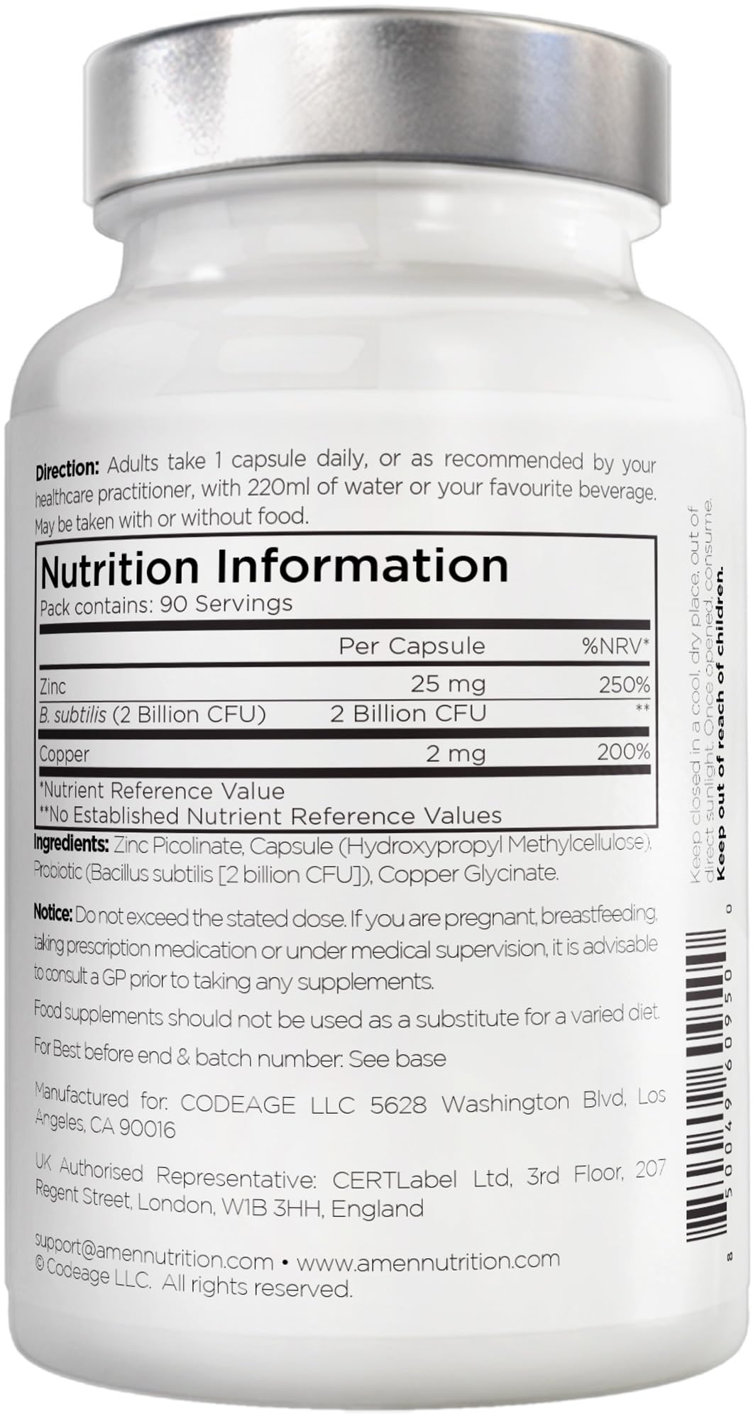 Zinc & Copper Supplement + Probiotics - 3 Months Supply - One Per Day - 25 mg Zinc Picolinate Vitamin Pills - Essential Minerals Supplements - 2 Billion CFUs Probiotic - Vegan, Non-GMO - 90 Capsules - BBE 05/2028