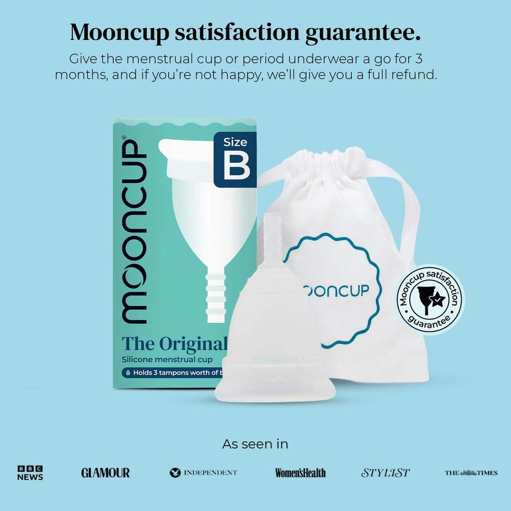 Mooncup Original Menstrual Cup - Medical-Grade Silicone Period Cup for Protection - Holds 3 Tampons Worth of Fluid - Toxin-Free, Eco-Friendly & Easy to Insert - Size B (Under 30 or No Vaginal Birth) - Damaged Box