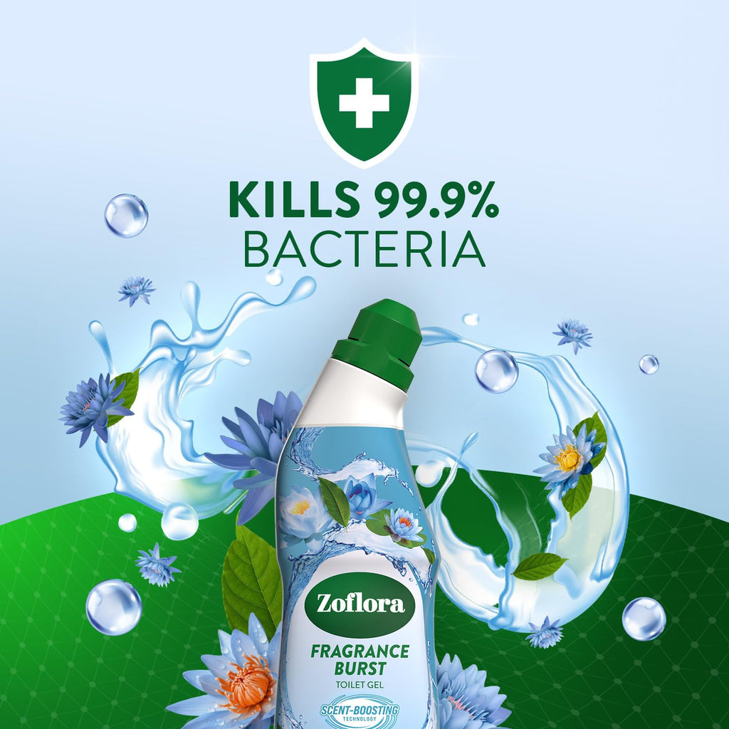 Zoflora Fragrance Burst Toilet Cleaner Gel, Blue Lotus & Waterlily, Odour Control with Scent Boosting Technology, Kills 99.9 Percent of Bacteria, 750ml - Damaged Box