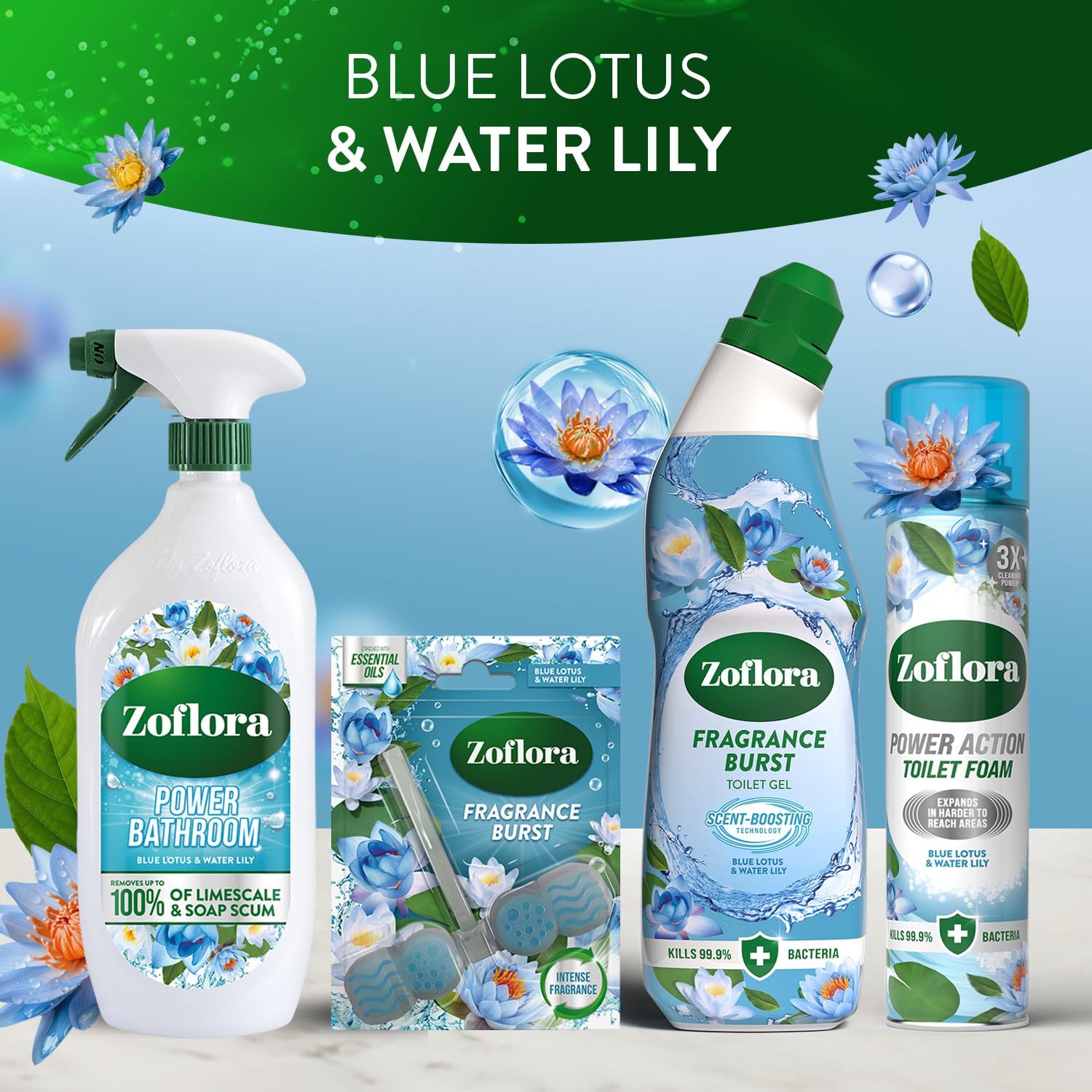 Zoflora Fragrance Burst Toilet Cleaner Gel, Blue Lotus & Waterlily, Odour Control with Scent Boosting Technology, Kills 99.9 Percent of Bacteria, 750ml - Damaged Box
