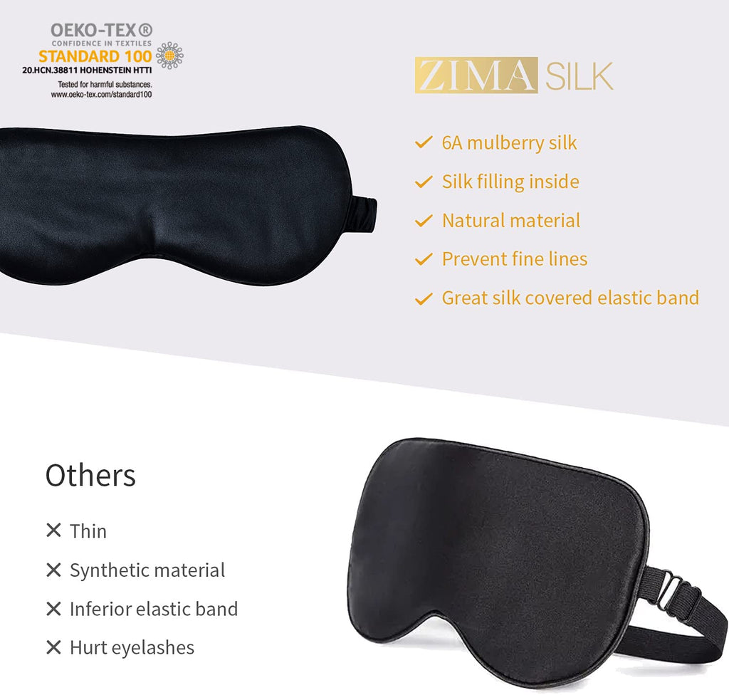ZIMASILK 100% 22 Momme Pure Mulberry Silk Adjustable Sleep Mask, Filled with Pure Silk, Wrapping Strap- Super Soft, Breathable & Comfortable Blindfold, Perfect Blocks Light for Sleeping (Black)