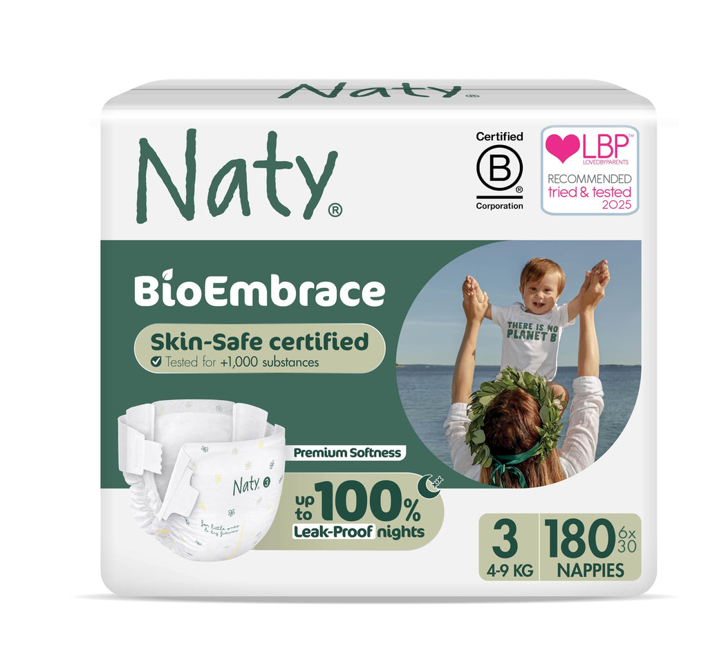 Naty BioEmbrace Baby Nappies | Sensitive Skin Safe Certified | Leak Protection up to 100% | Plant-Based Softness, Premium Comfort | Chlorine-Free | Size 3 (4-9kg), 180 Count