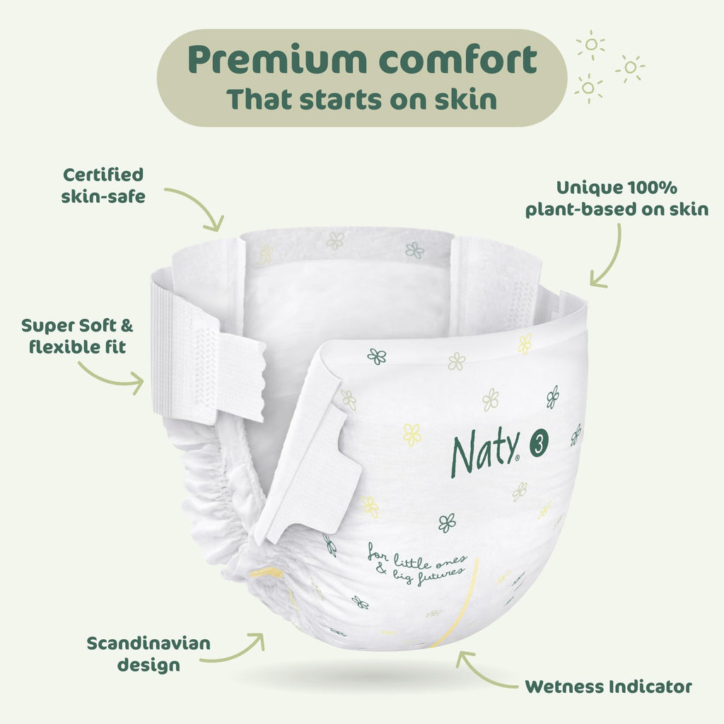 Naty BioEmbrace Baby Nappies | Sensitive Skin Safe Certified | Leak Protection up to 100% | Plant-Based Softness, Premium Comfort | Chlorine-Free | Size 3 (4-9kg), 180 Count