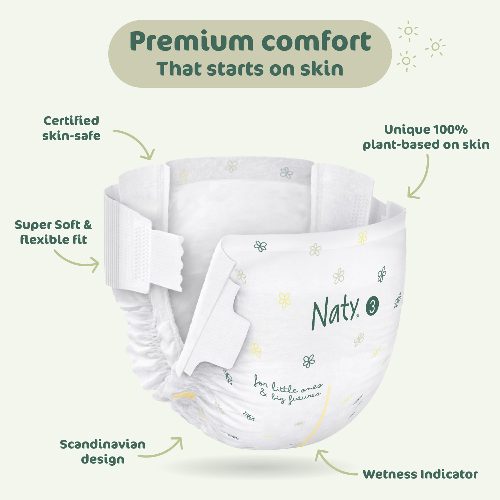 Naty BioEmbrace Baby Nappies | Sensitive Skin Safe Certified | Leak Protection up to 100% | Plant-Based Softness, Premium Comfort | Chlorine-Free | Size 3 (4-9kg), 180 Count