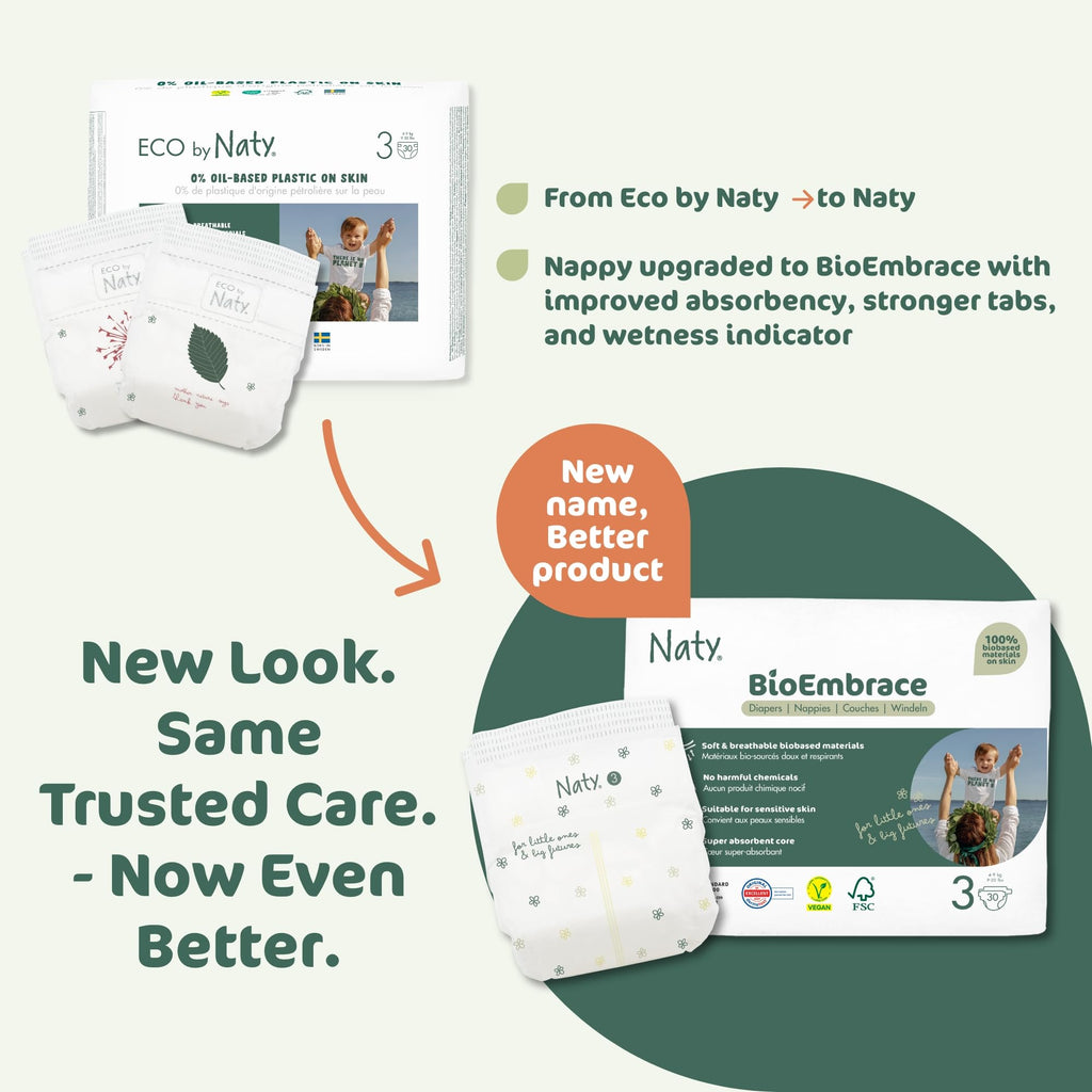 Naty BioEmbrace Baby Nappies | Sensitive Skin Safe Certified | Leak Protection up to 100% | Plant-Based Softness, Premium Comfort | Chlorine-Free | Size 3 (4-9kg), 180 Count