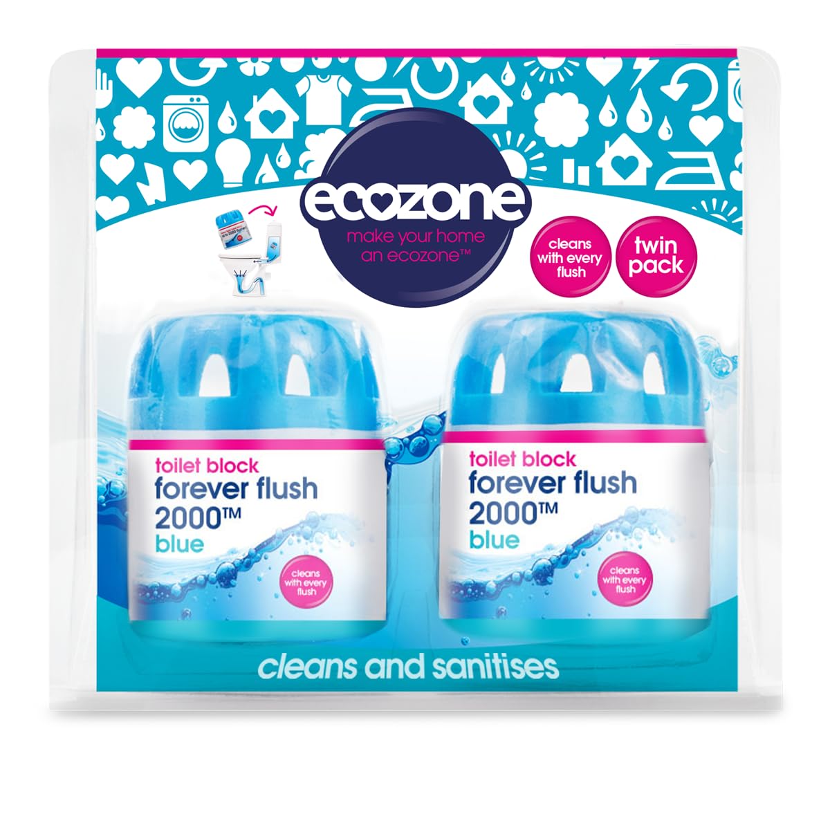 EcoZone Forever Flush 2000 Blue Toilet Blocks, Eco Friendly Alternative to Loo Rim Hangers, Cistern Capsules Clean & Descale WCs, Natural Vegan & Non Toxic Cleaner, Recyclable Plastic (Set of 2)