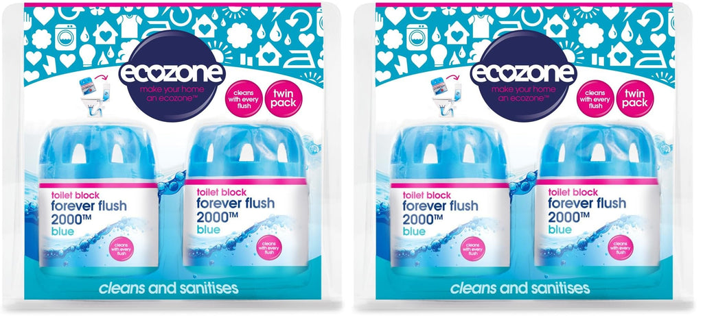 EcoZone Forever Flush 2000 Blue Toilet Blocks, Eco Friendly Alternative to Loo Rim Hangers, Cistern Capsules Clean & Descale WCs, Natural Vegan & Non Toxic Cleaner, Recyclable Plastic (Set of 2)
